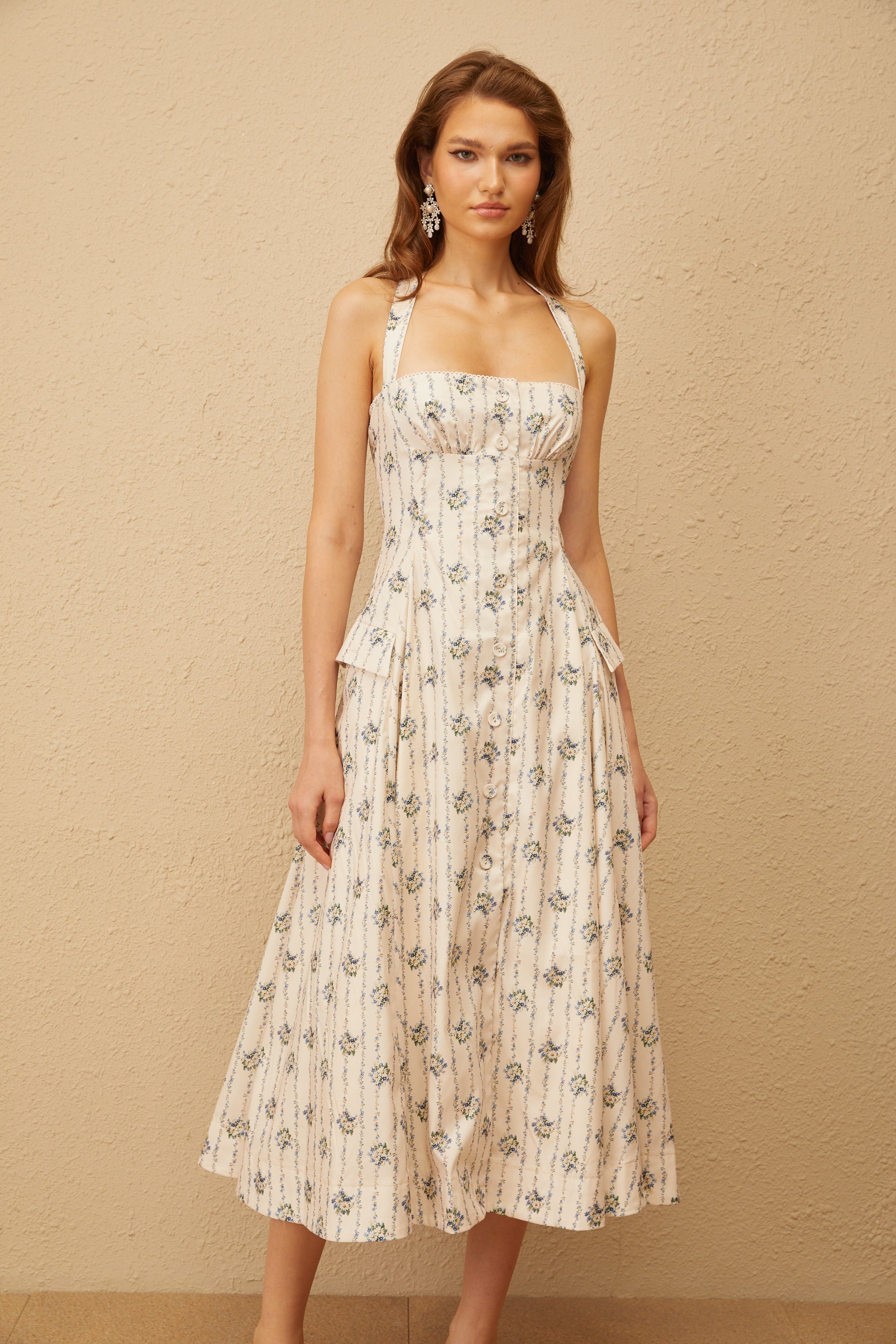 Estelle White Halterneck Floral Print Midi Dress