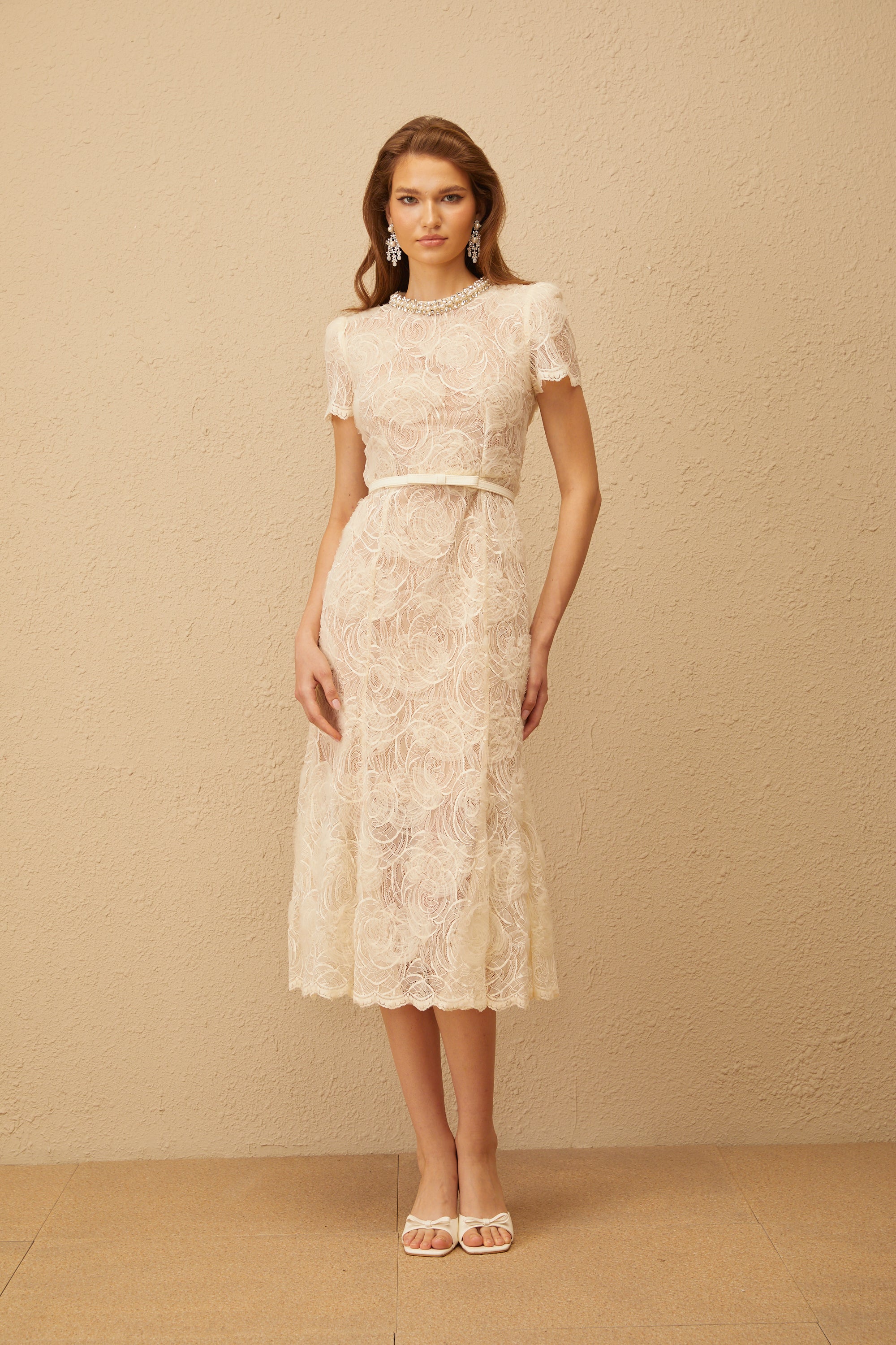 Félicie White Embellished Floral Lace Midi Dress
