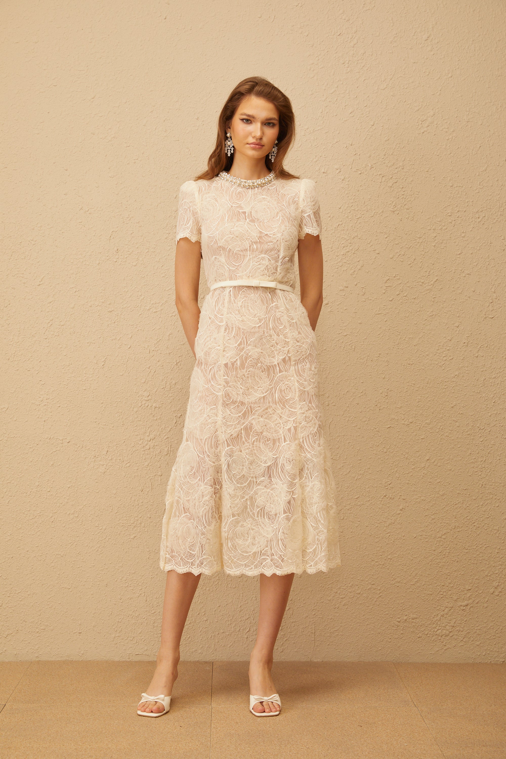 Félicie White Embellished Floral Lace Midi Dress