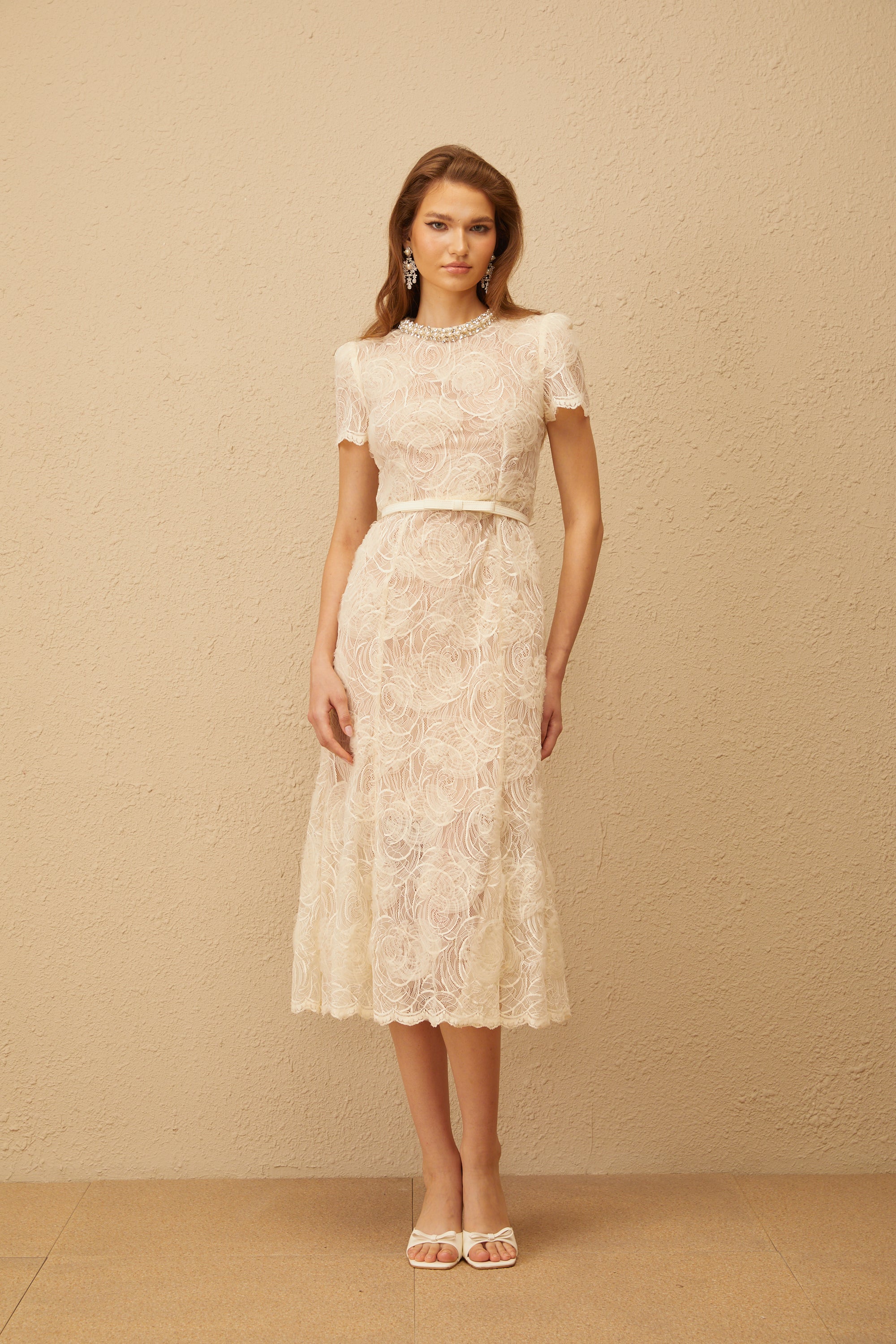 Félicie White Embellished Floral Lace Midi Dress