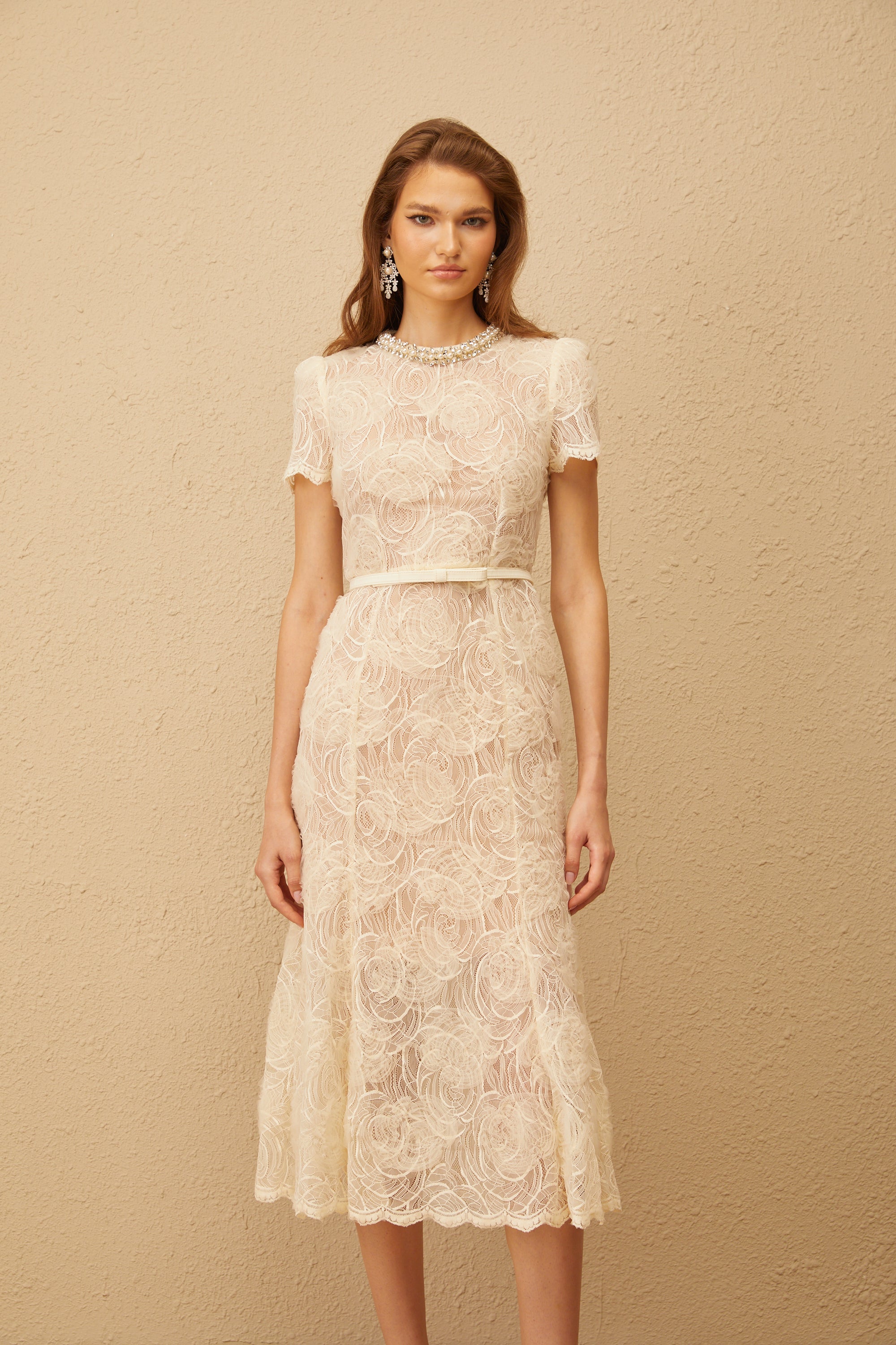 Félicie White Embellished Floral Lace Midi Dress