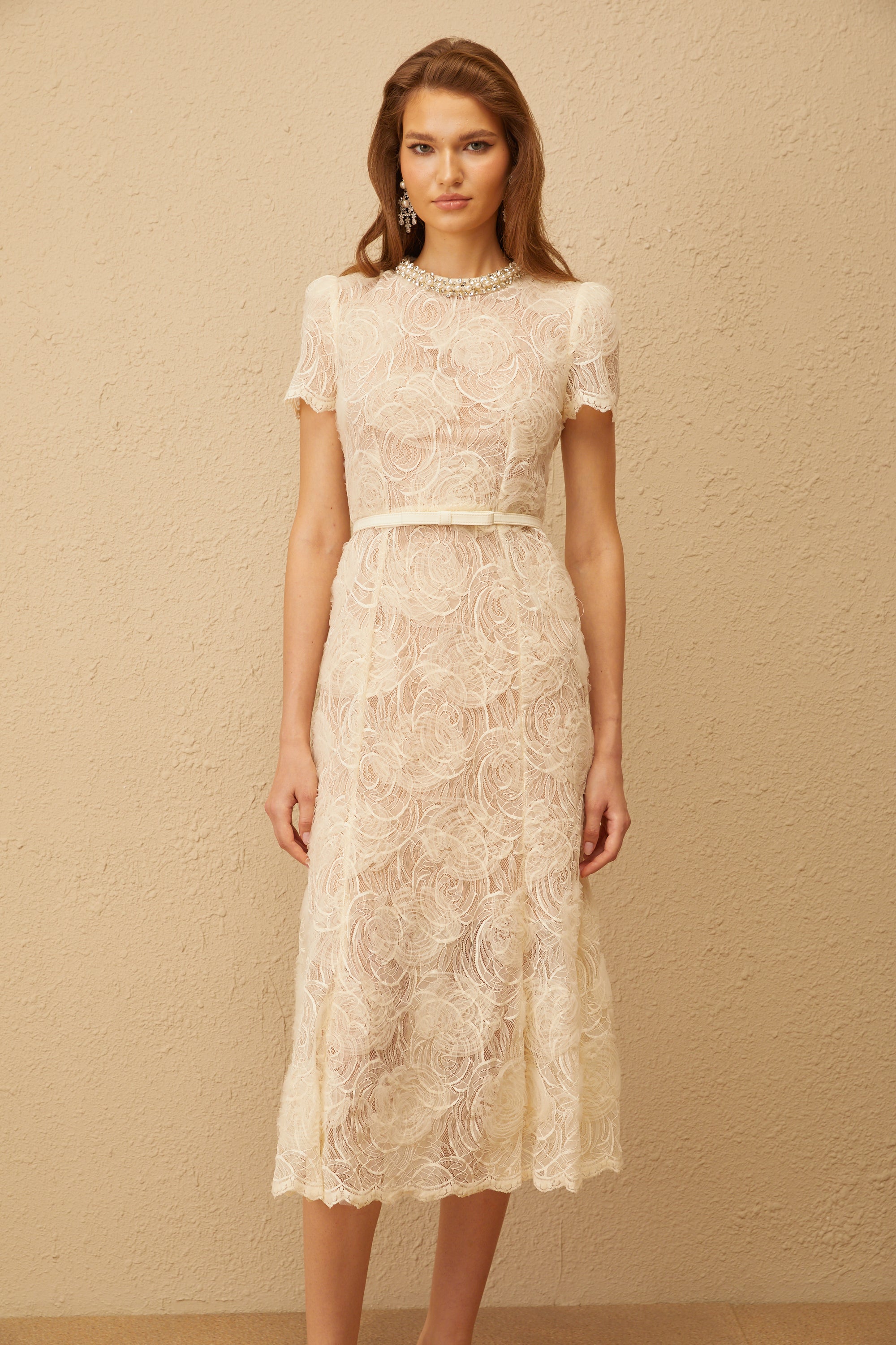 Félicie White Embellished Floral Lace Midi Dress