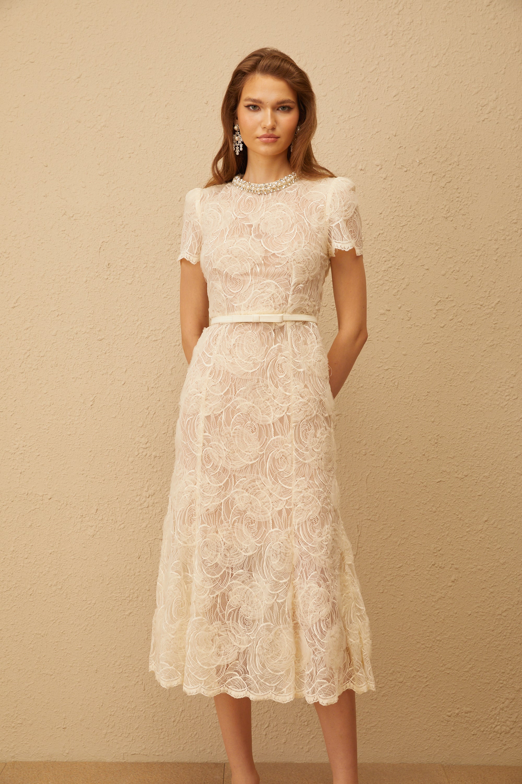 Félicie White Embellished Floral Lace Midi Dress