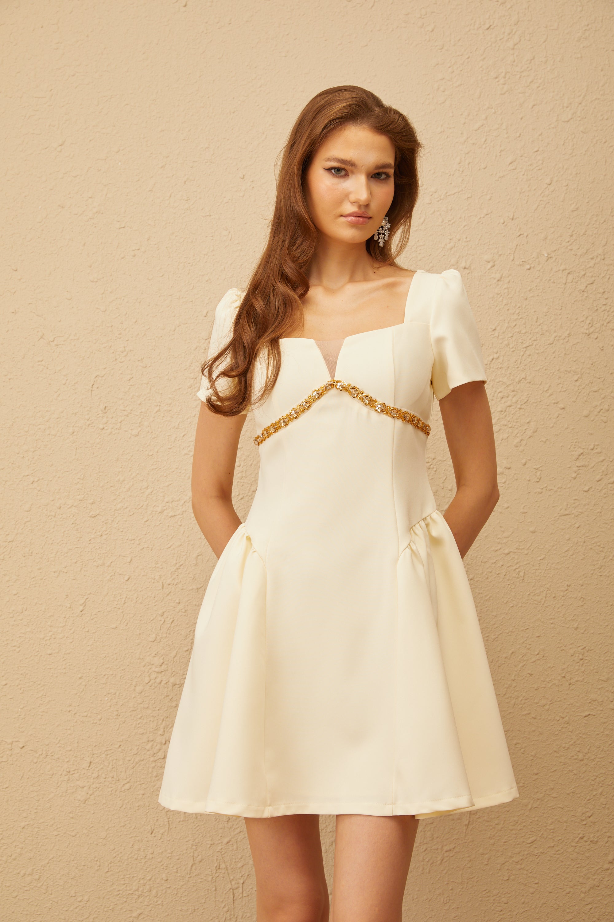 Anaïs Neutral Embellished Puff Mini Dress