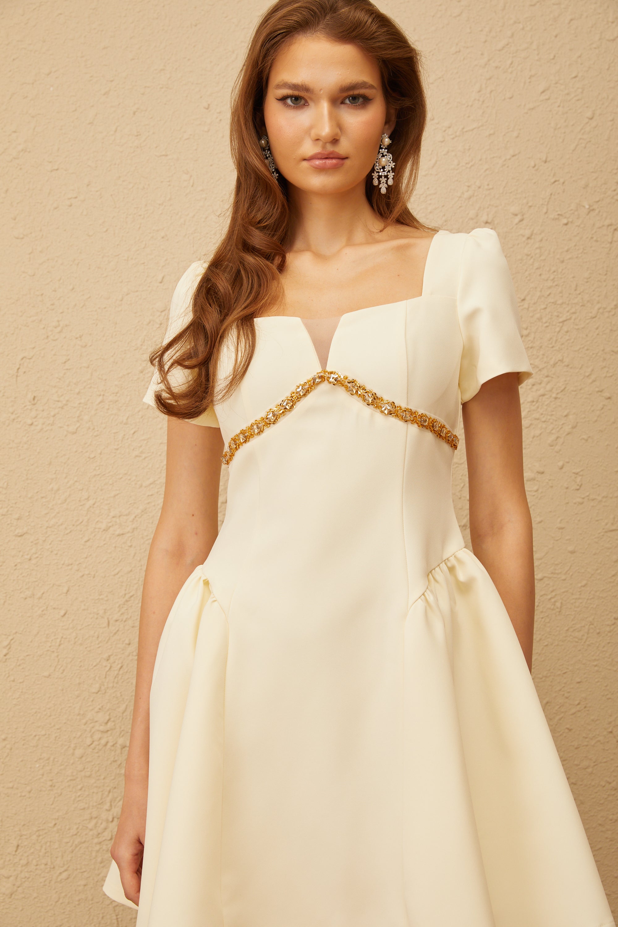 Anaïs Neutral Embellished Puff Mini Dress