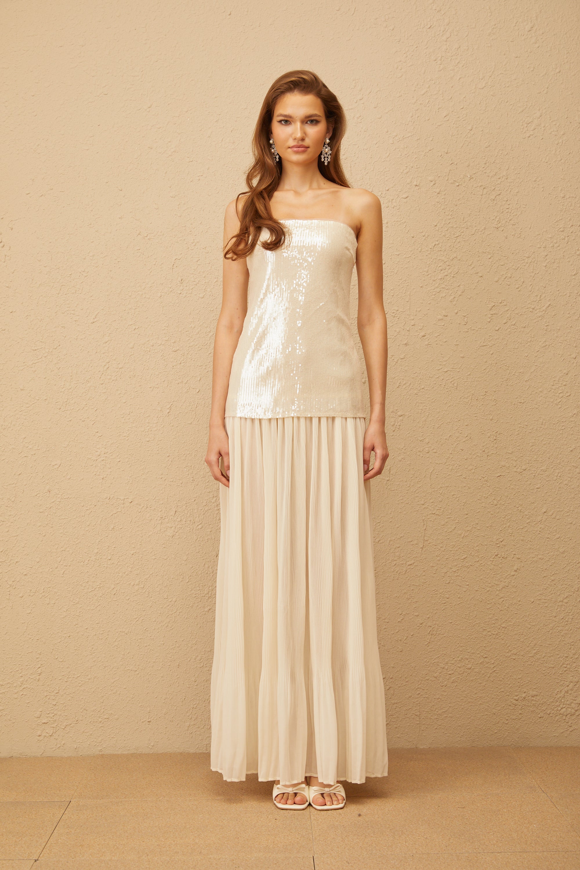 Isoline Neutral Sequin Corset Maxi Dress