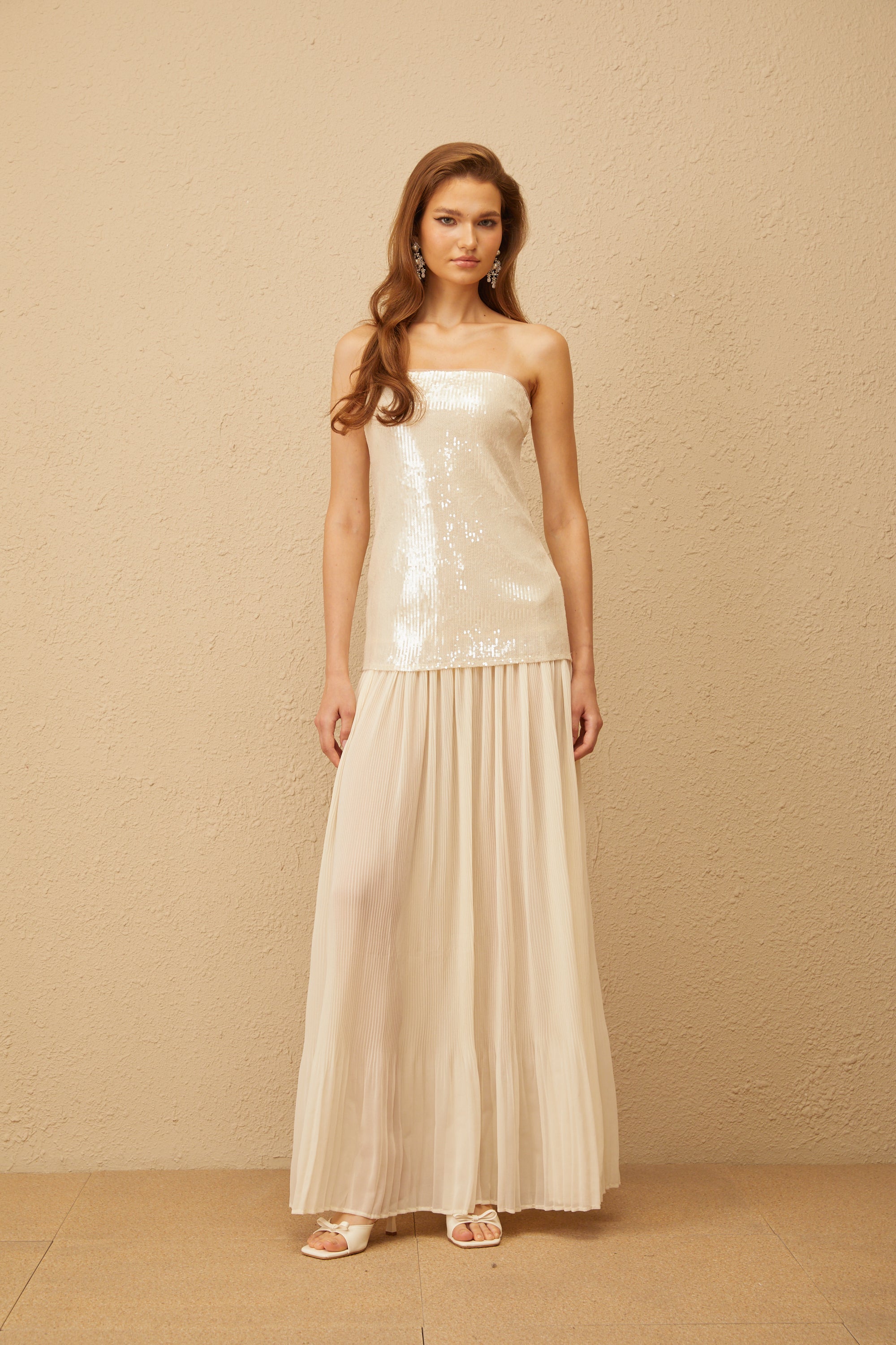 Isoline Neutral Sequin Corset Maxi Dress