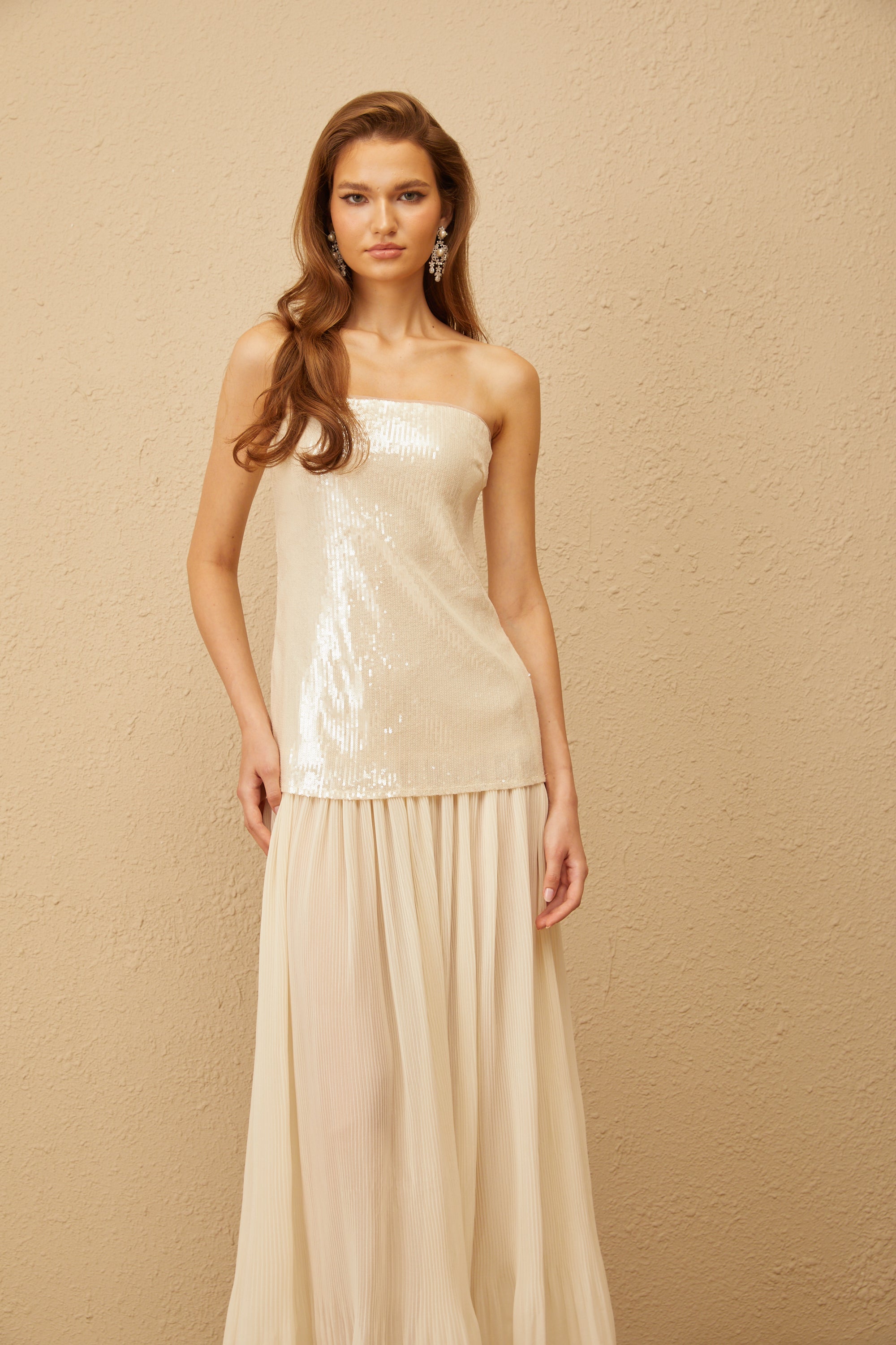 Isoline Neutral Sequin Corset Maxi Dress