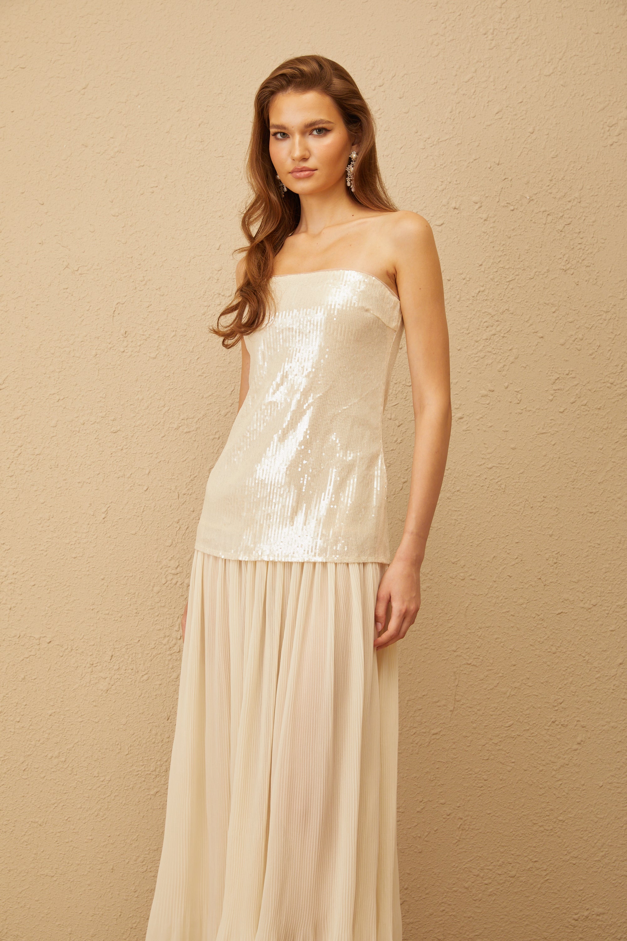 Isoline Neutral Sequin Corset Maxi Dress