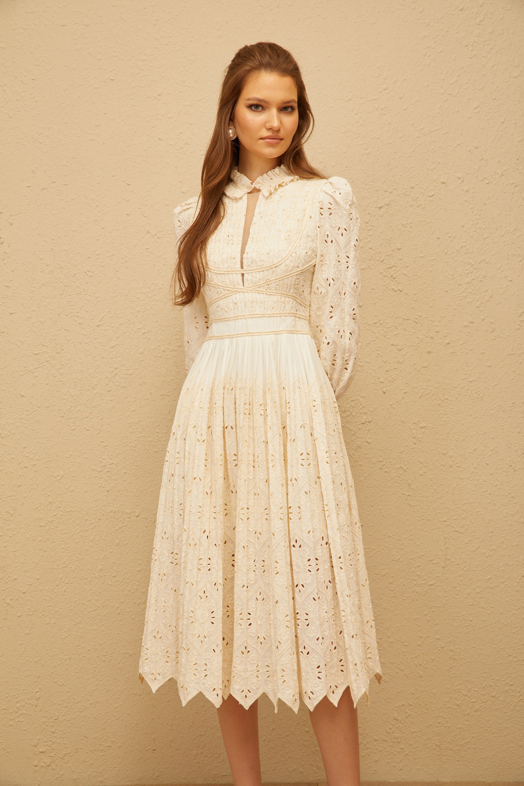 Isabeau Neutral Floral Embroidered Pleated Midi Dress