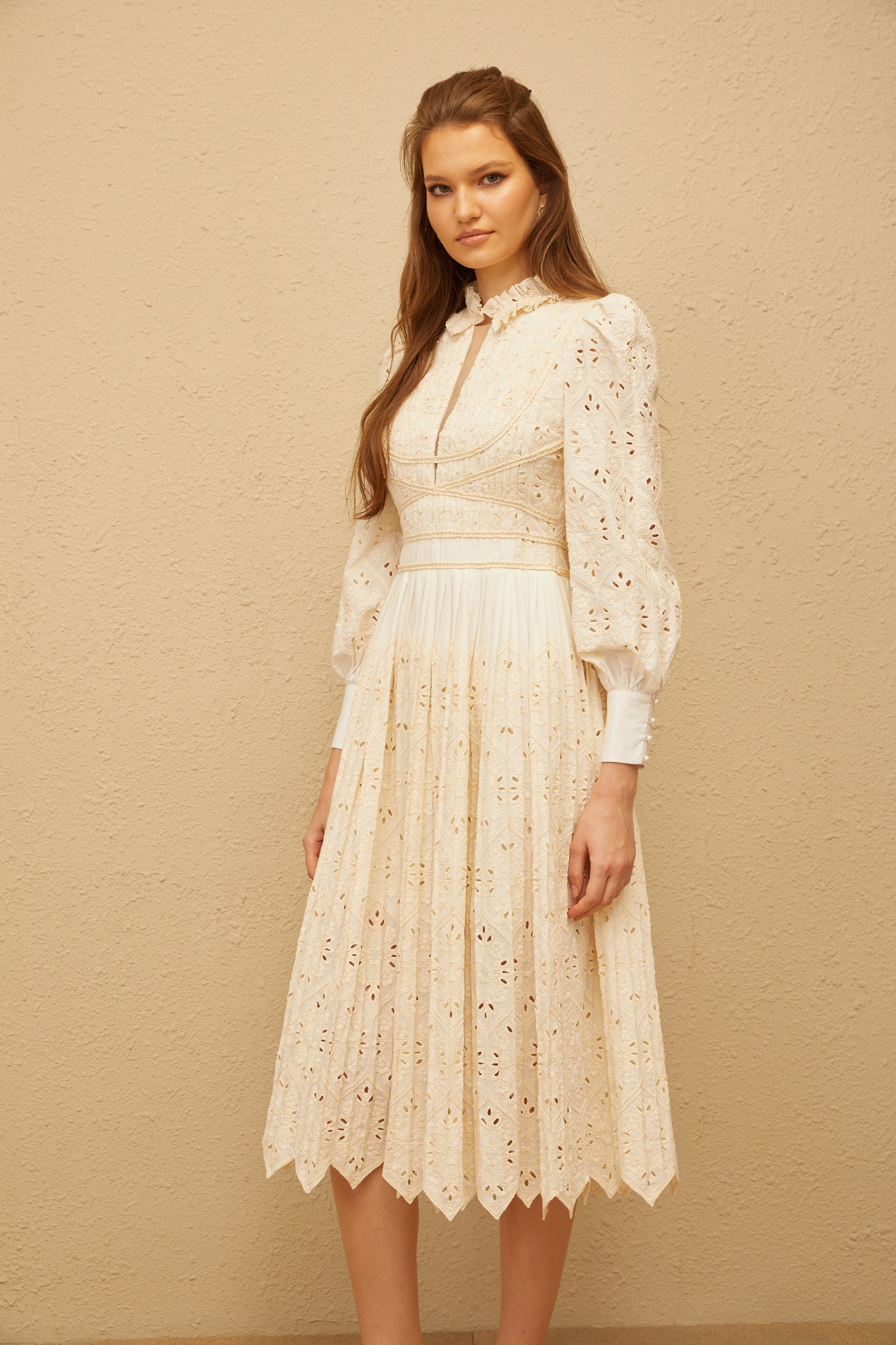 Isabeau Neutral Floral Embroidered Pleated Midi Dress