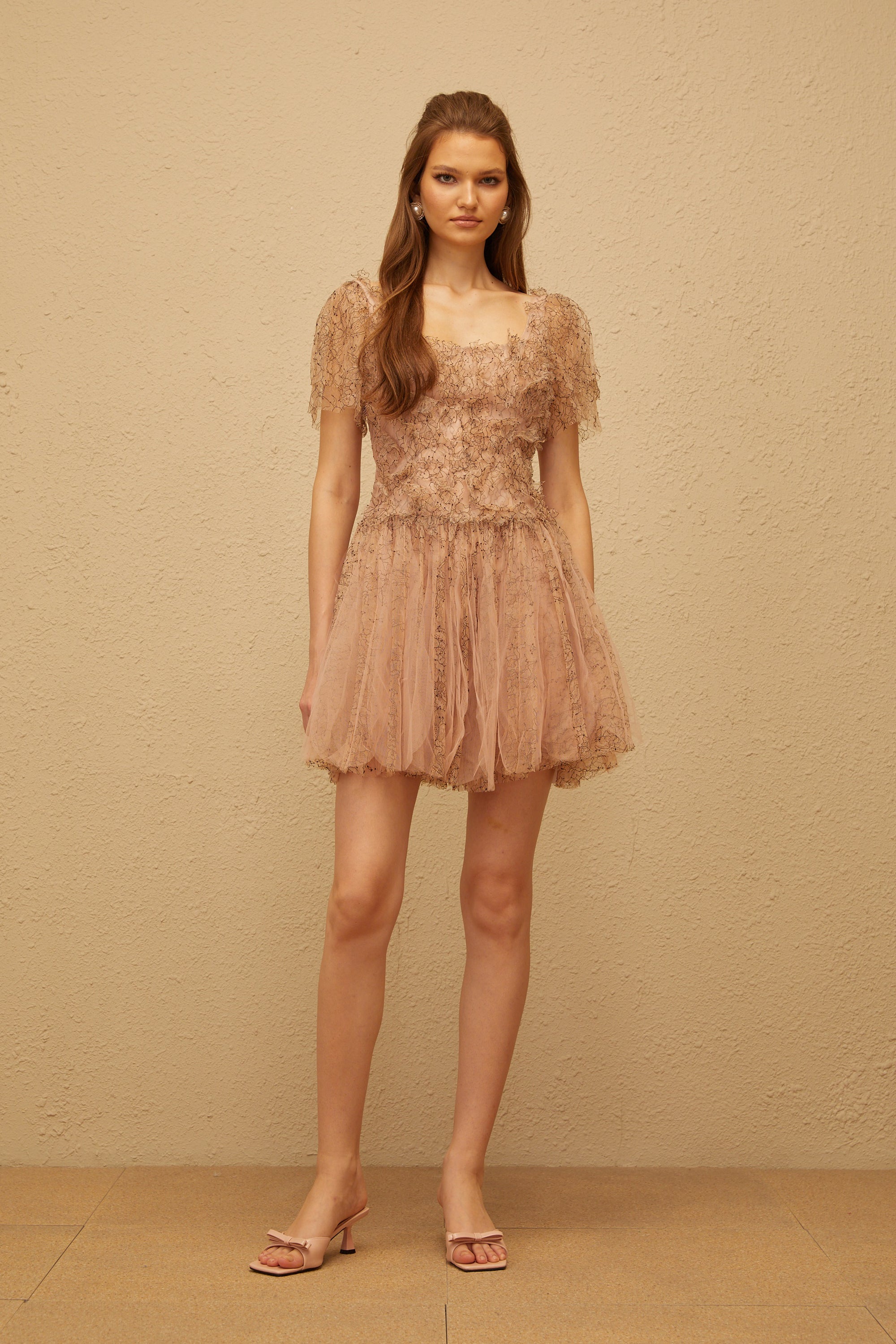 Gaëtane Brown Tulle Panel Lace Mini Dress