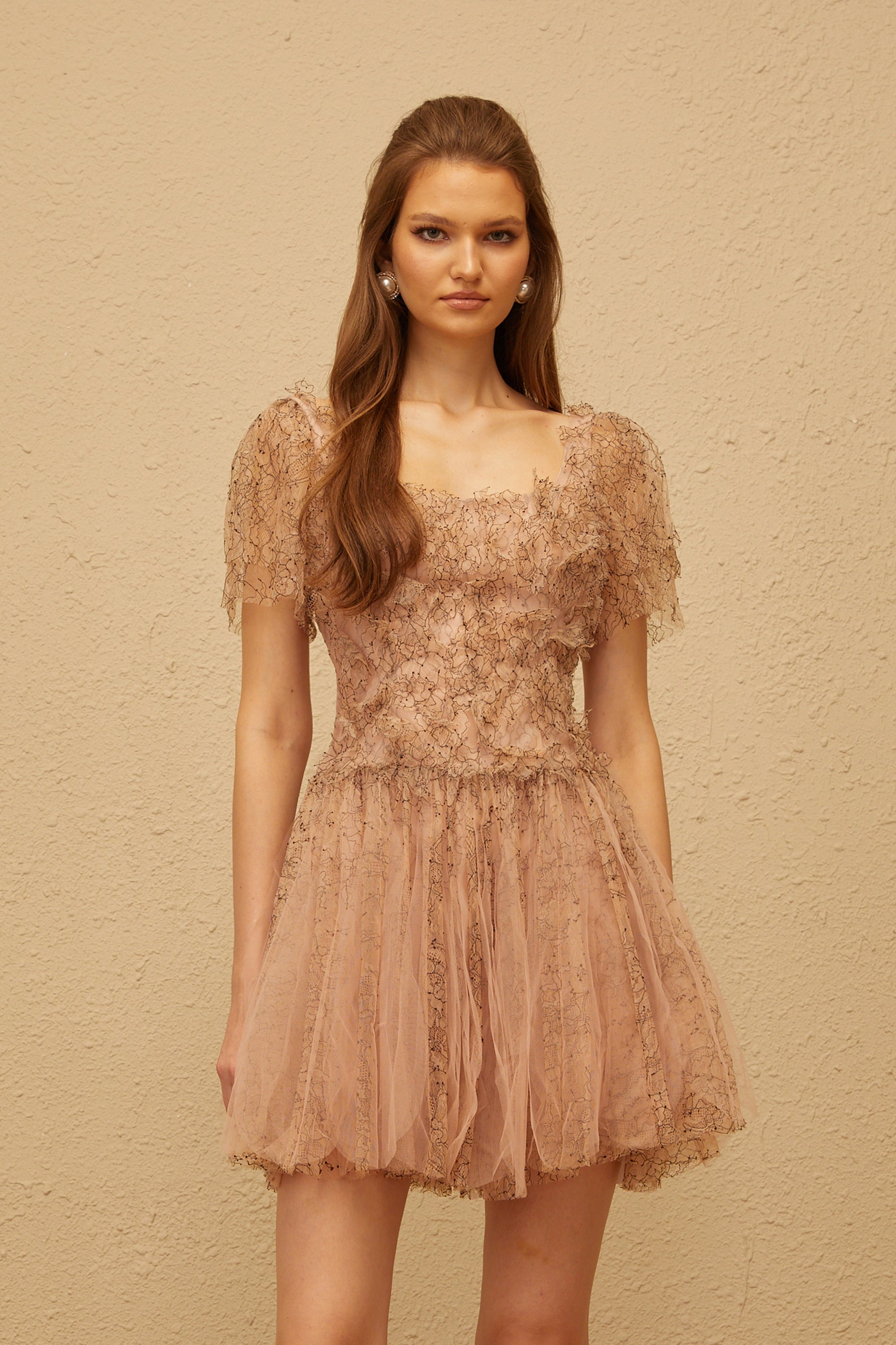 Gaëtane Brown Tulle Panel Lace Mini Dress