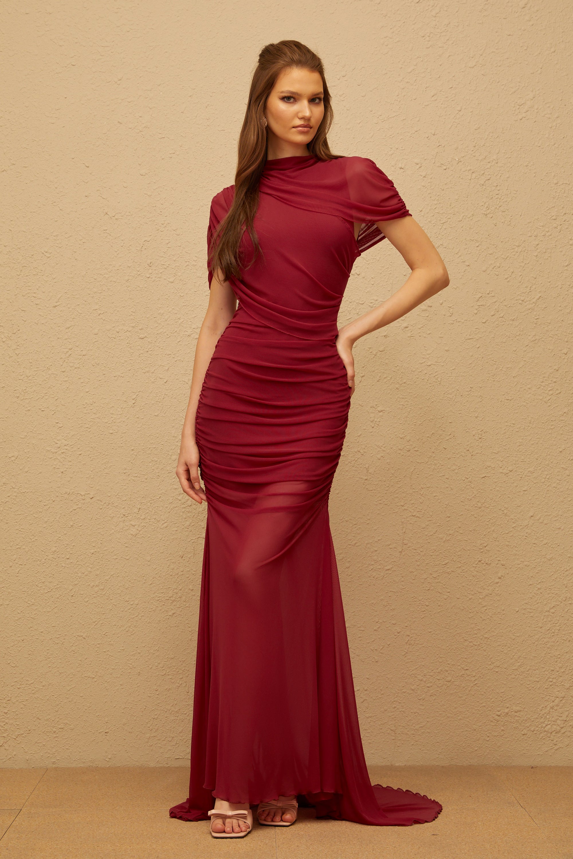 Sylphe Red Asymmetrical Ruched Mesh Maxi Dress