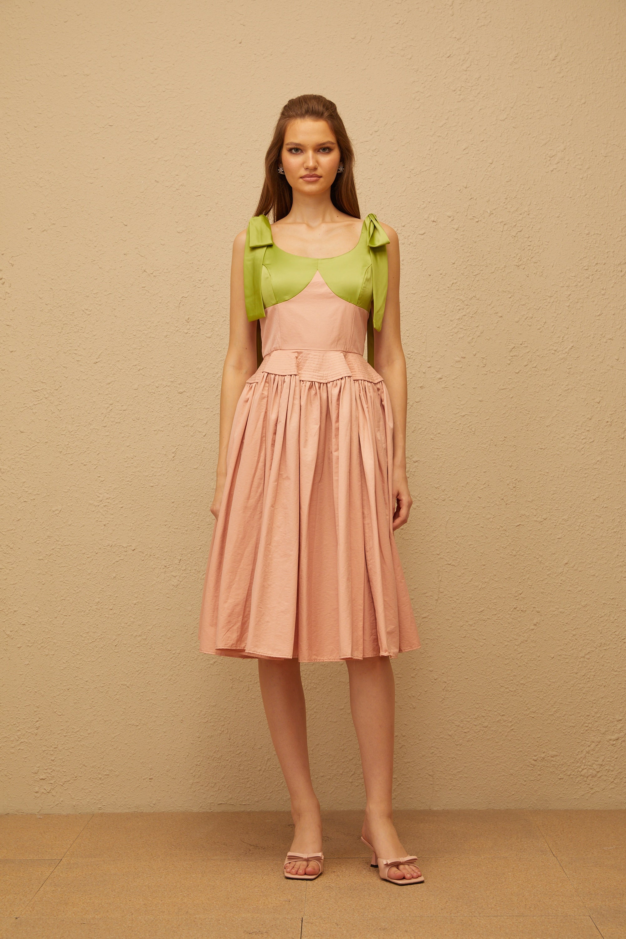 Abrielle Pink Satin Bowknot Strap Midi Dress (Final Sale)