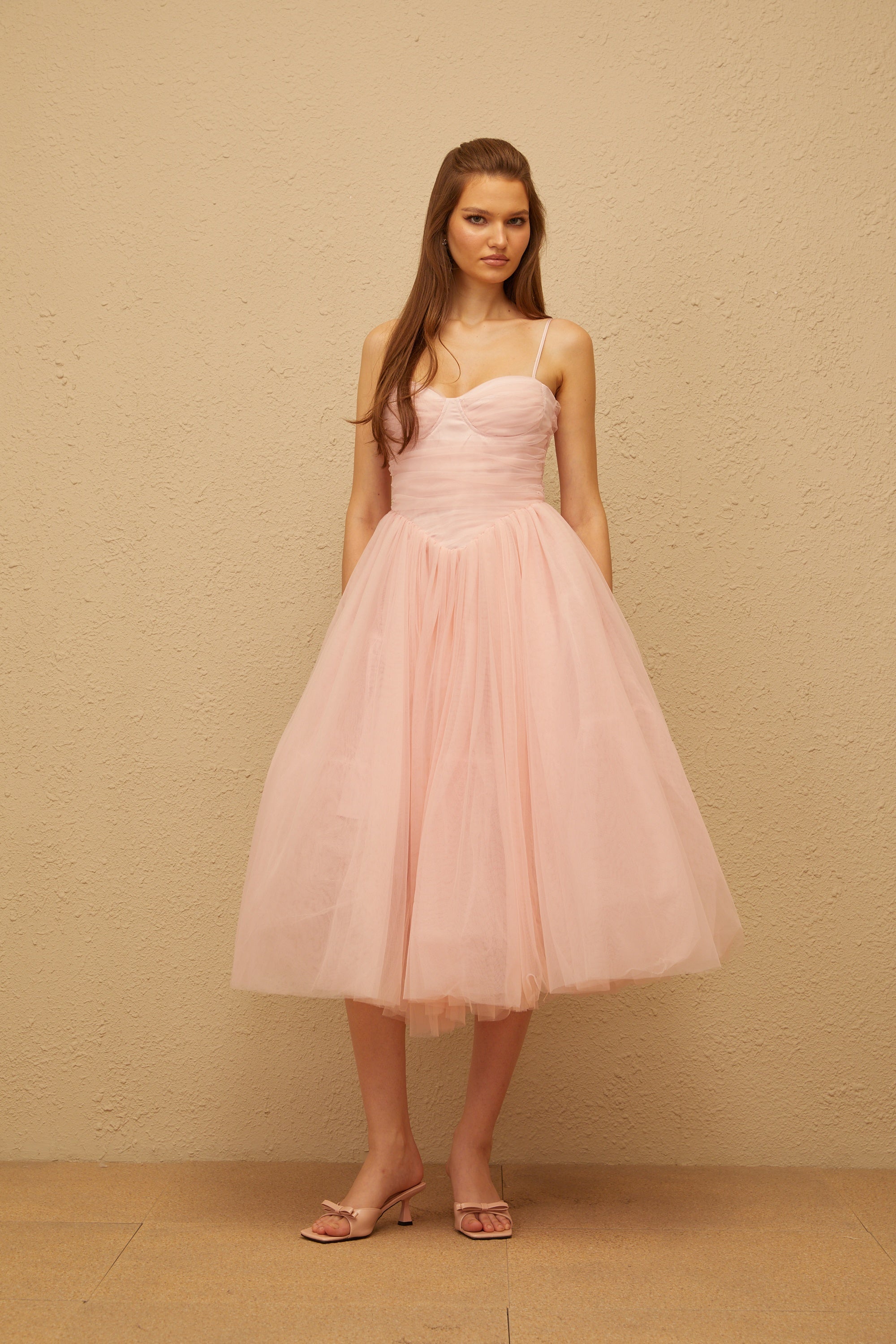 Apolline rosa plissiertes Korsett-Tüll-Midikleid