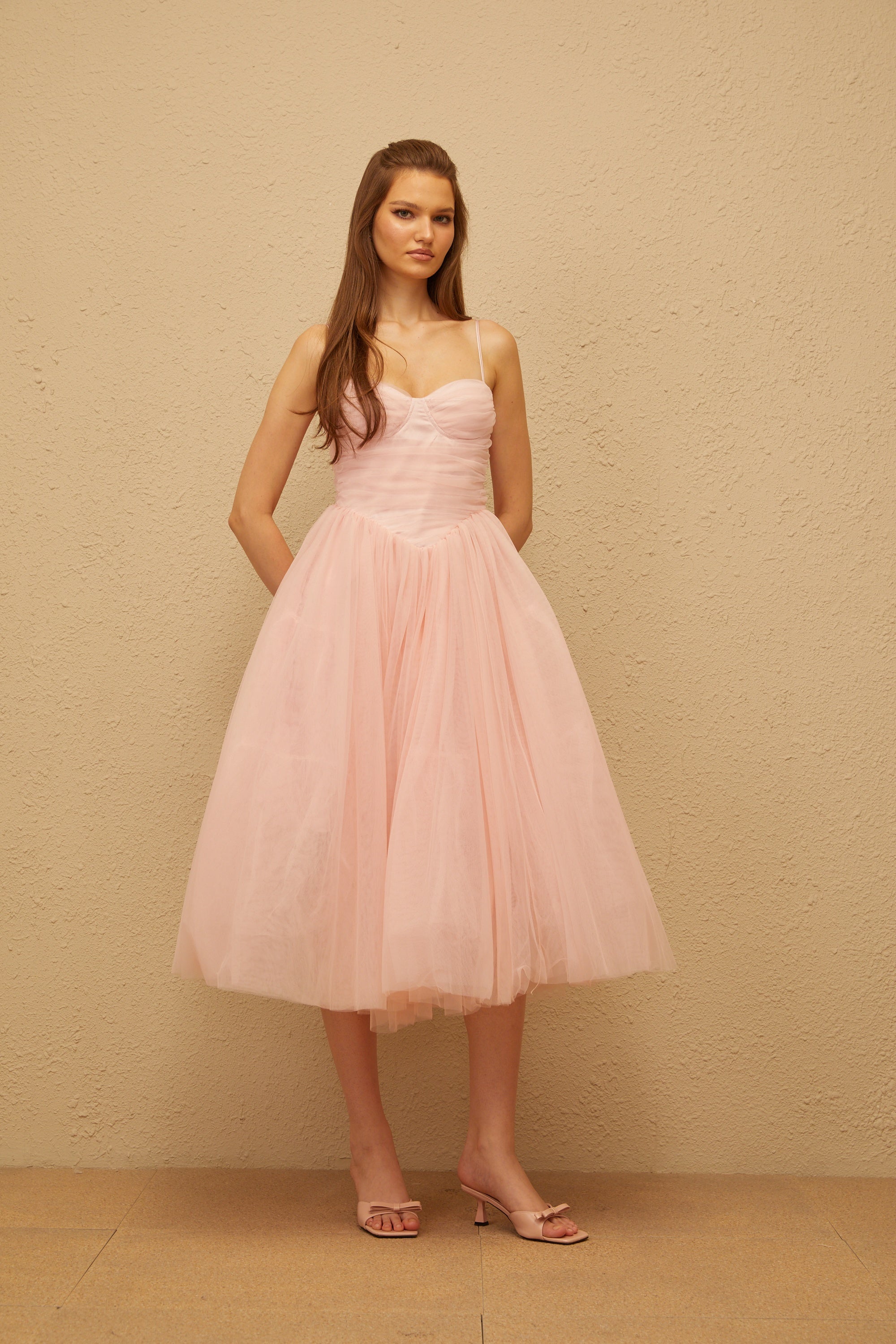 Apolline rosa plissiertes Korsett-Tüll-Midikleid