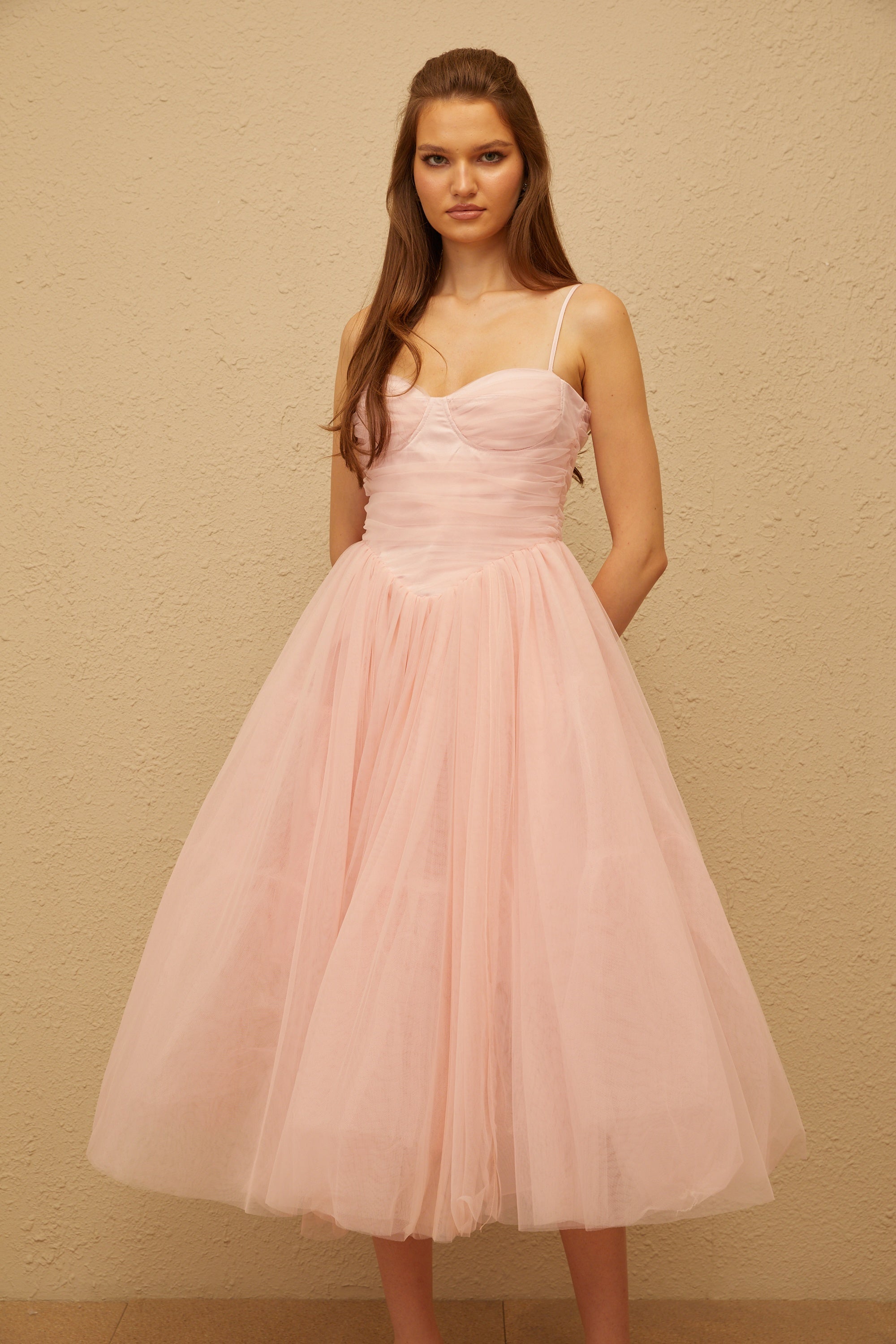 Apolline rosa plissiertes Korsett-Tüll-Midikleid