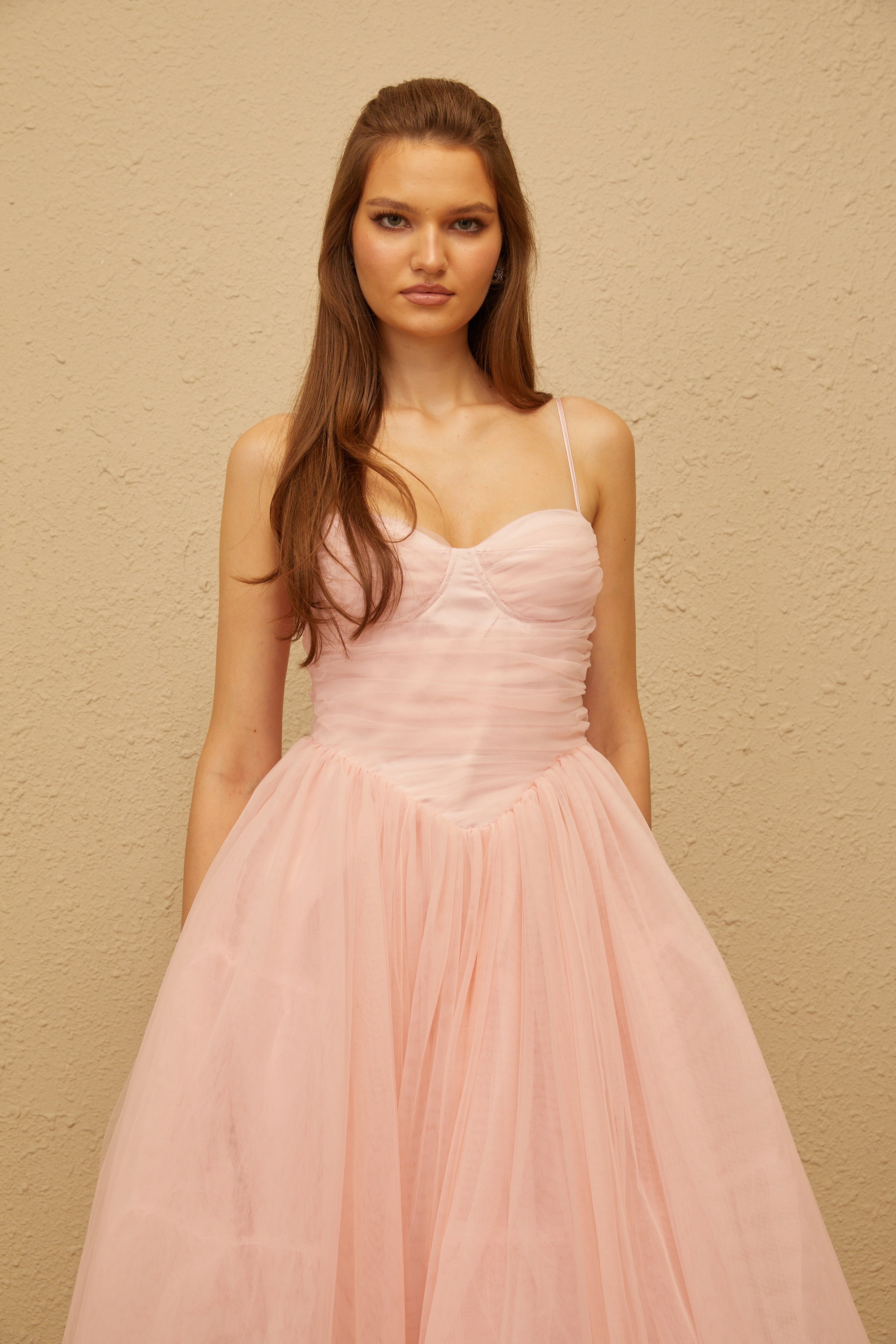 Apolline rosa plissiertes Korsett-Tüll-Midikleid