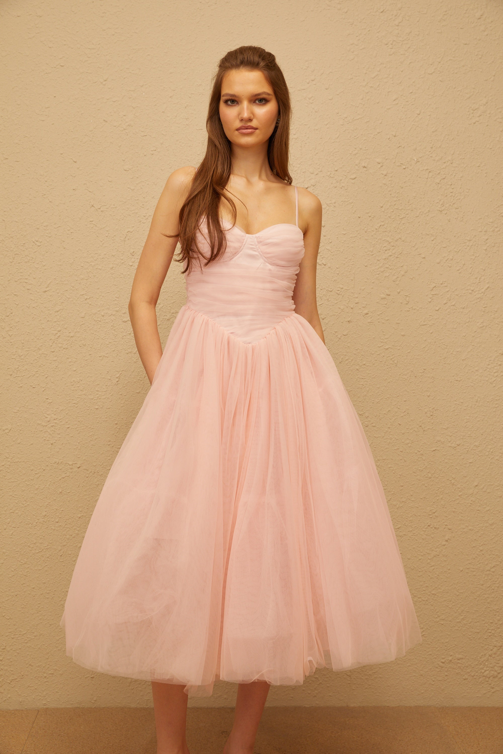 Apolline rosa plissiertes Korsett-Tüll-Midikleid