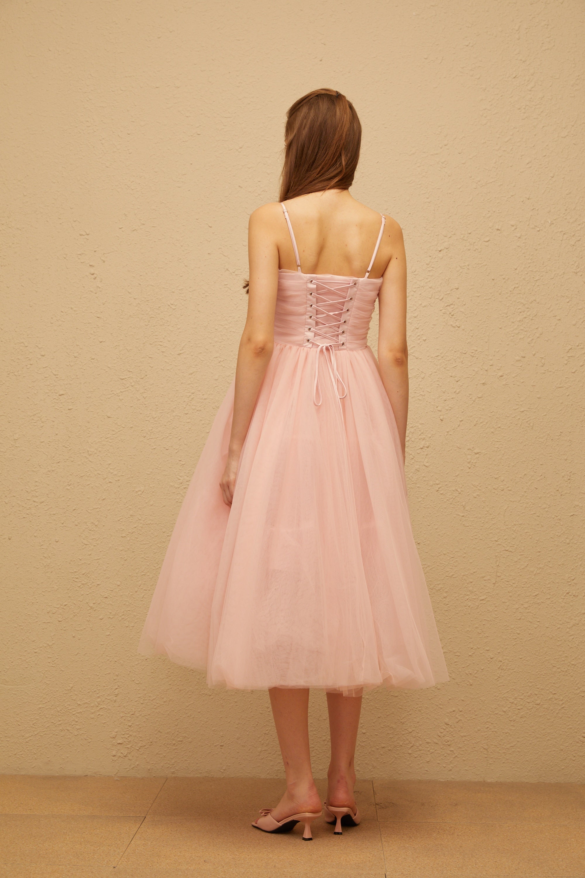 Apolline rosa plissiertes Korsett-Tüll-Midikleid