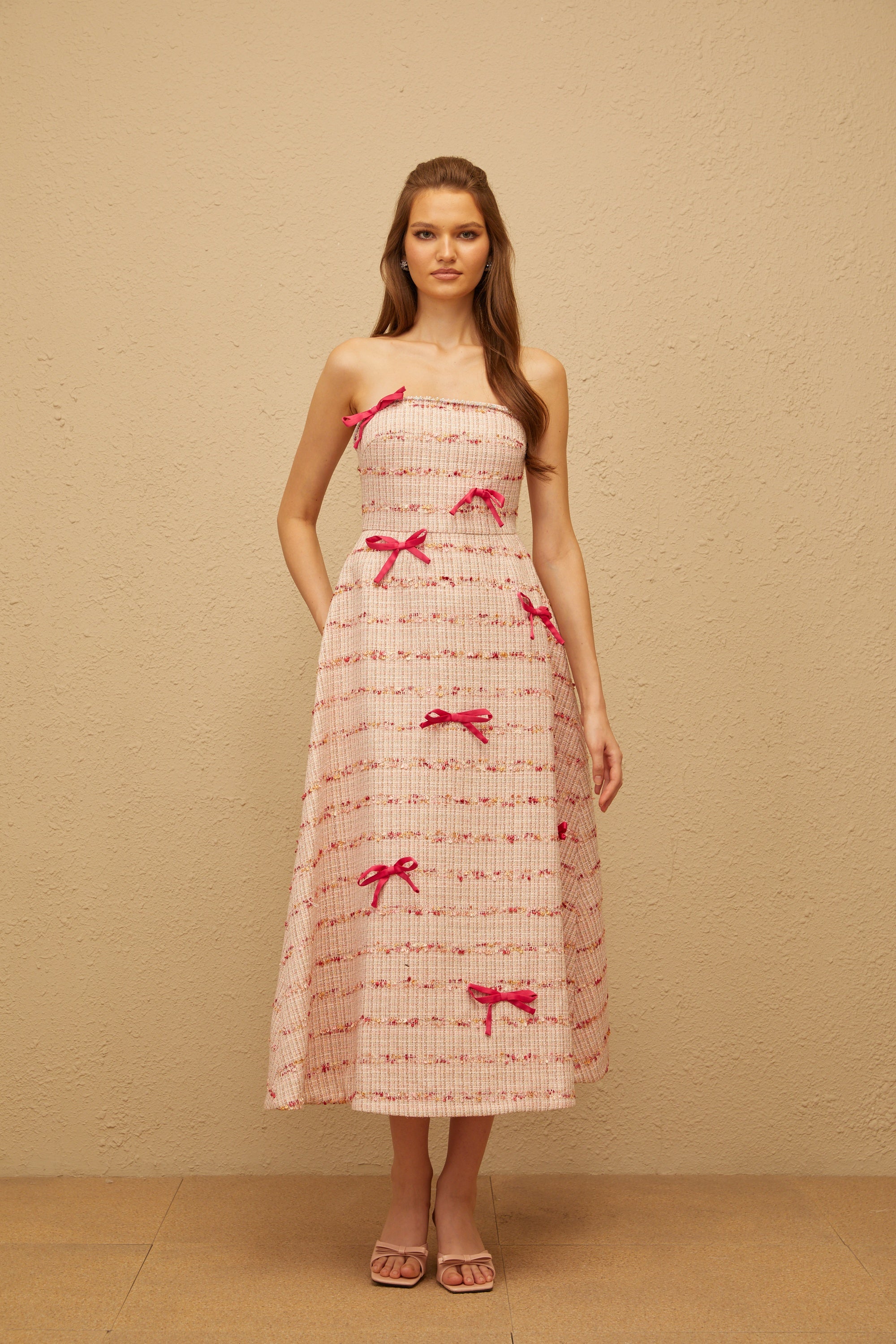 Fabienne Pink Bow Embellished Tweed Midi Dress