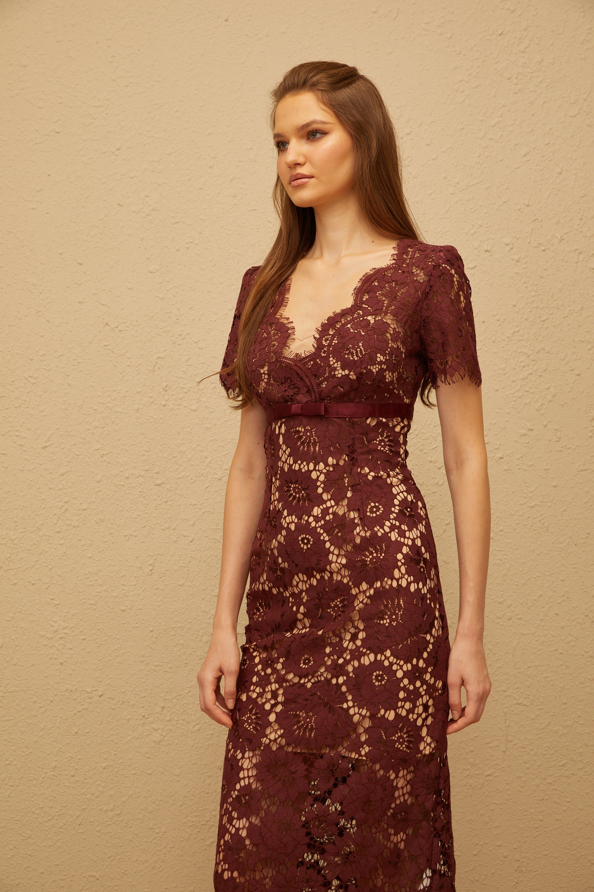 Iris Burgundy Floral Lace Pencil Midi Dress