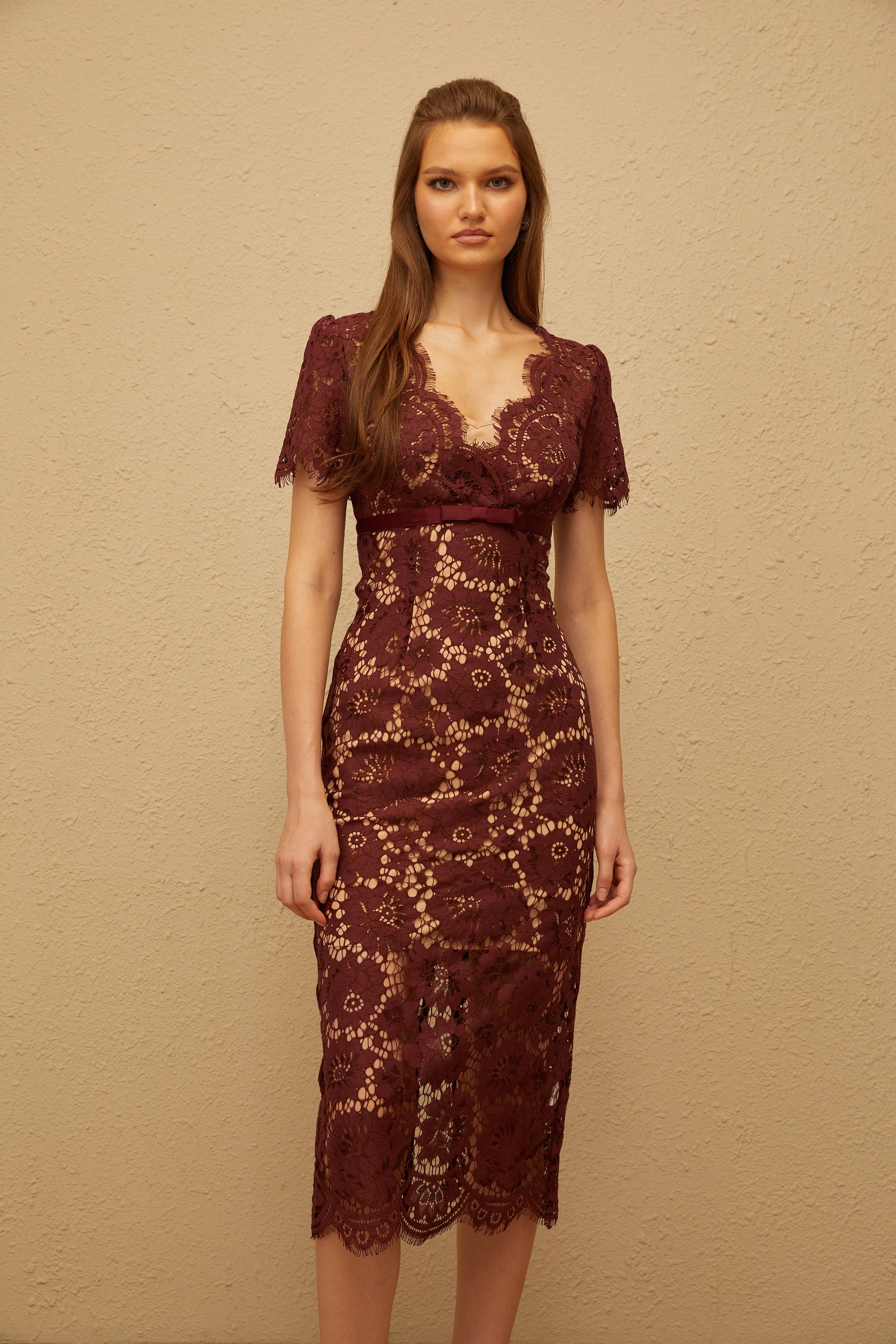 Iris Burgundy Floral Lace Pencil Midi Dress