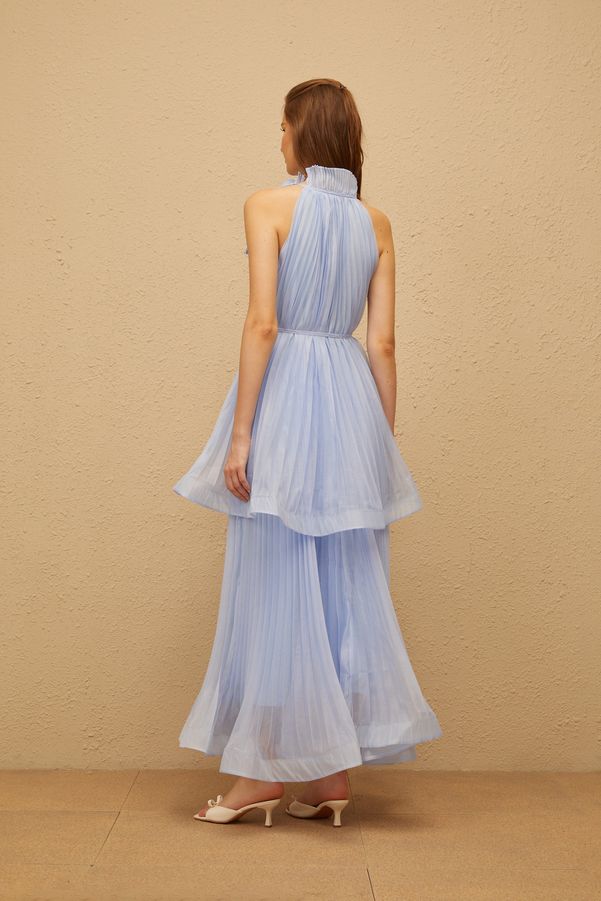 Zélie Blue Flounced Pleated Maxi Dress