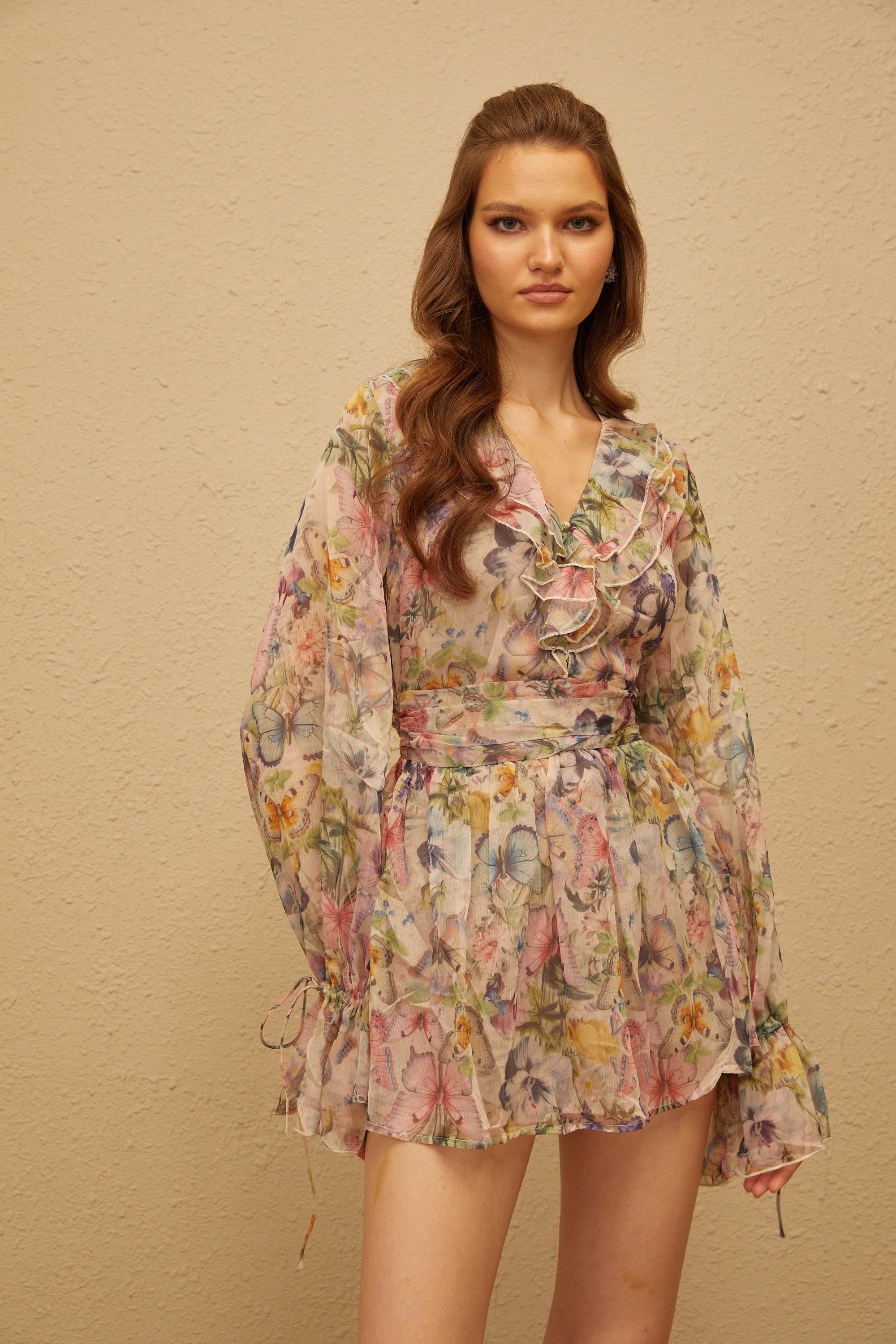 Juliette Pink Butterfly Print Chiffon Mini Dress