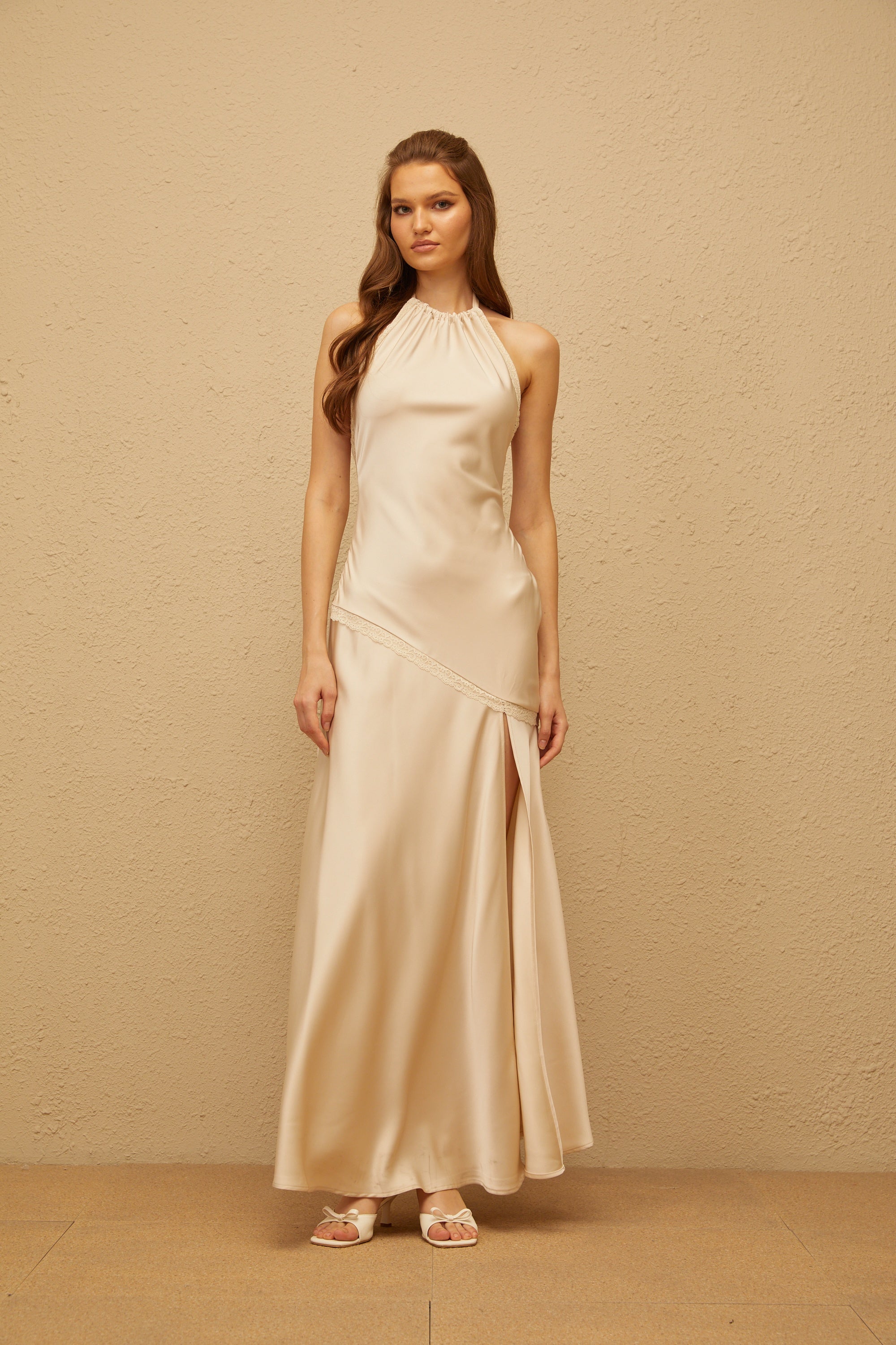 Aurore Neutral Halterneck Satin Maxi Dress