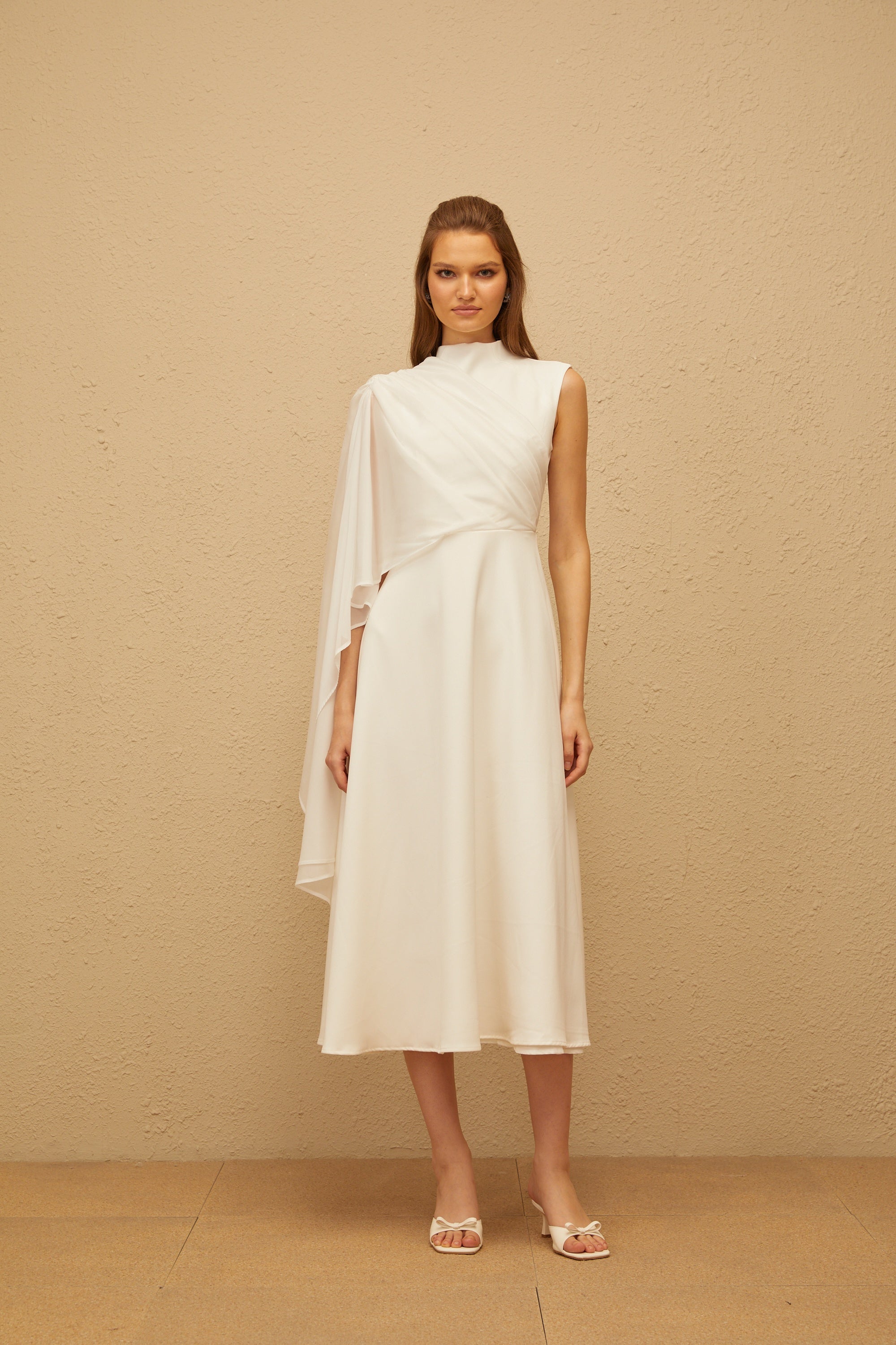 Léopoldine White Asymmetrical Shawl Midi Dress