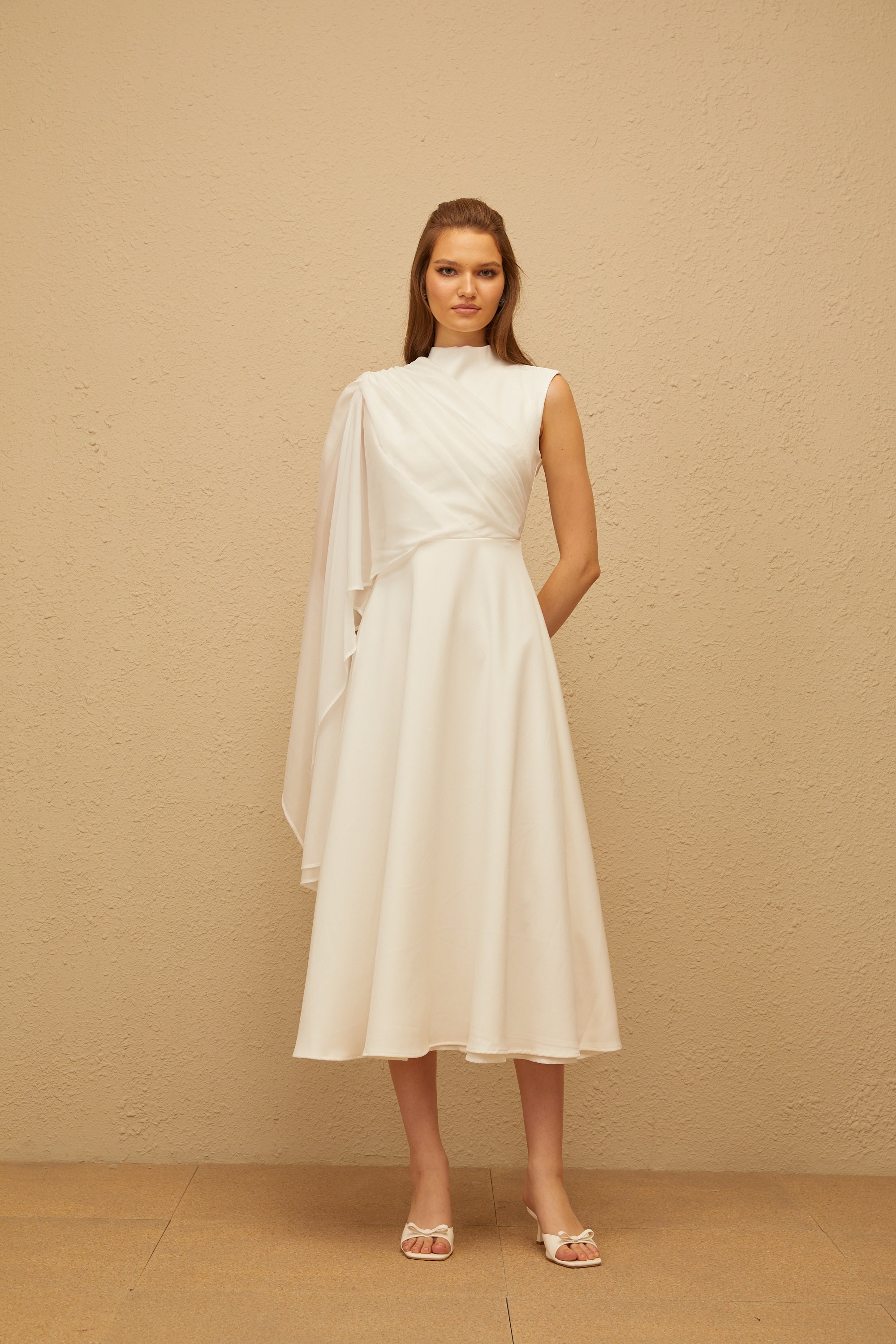 Léopoldine White Asymmetrical Shawl Midi Dress