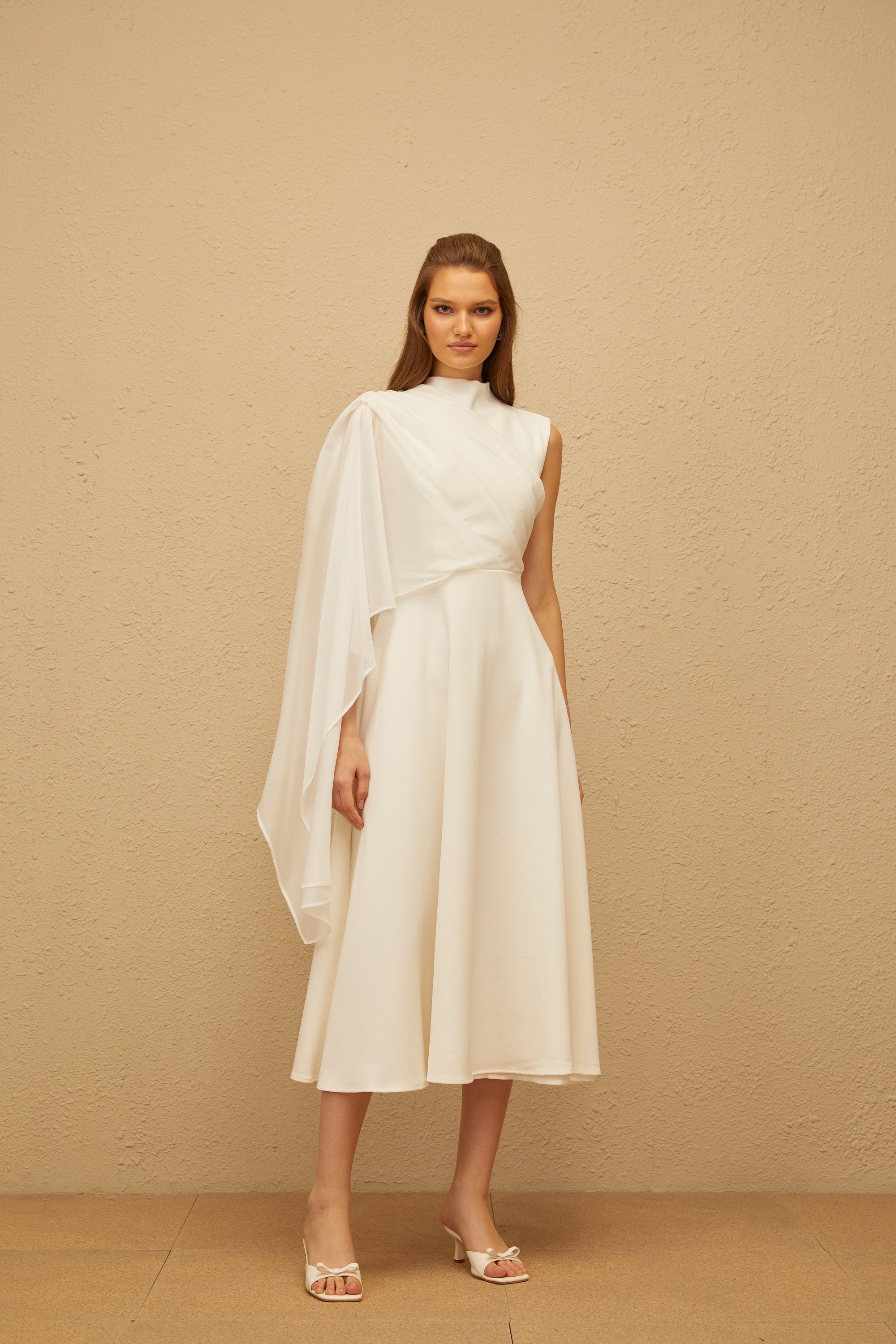 Léopoldine White Asymmetrical Shawl Midi Dress