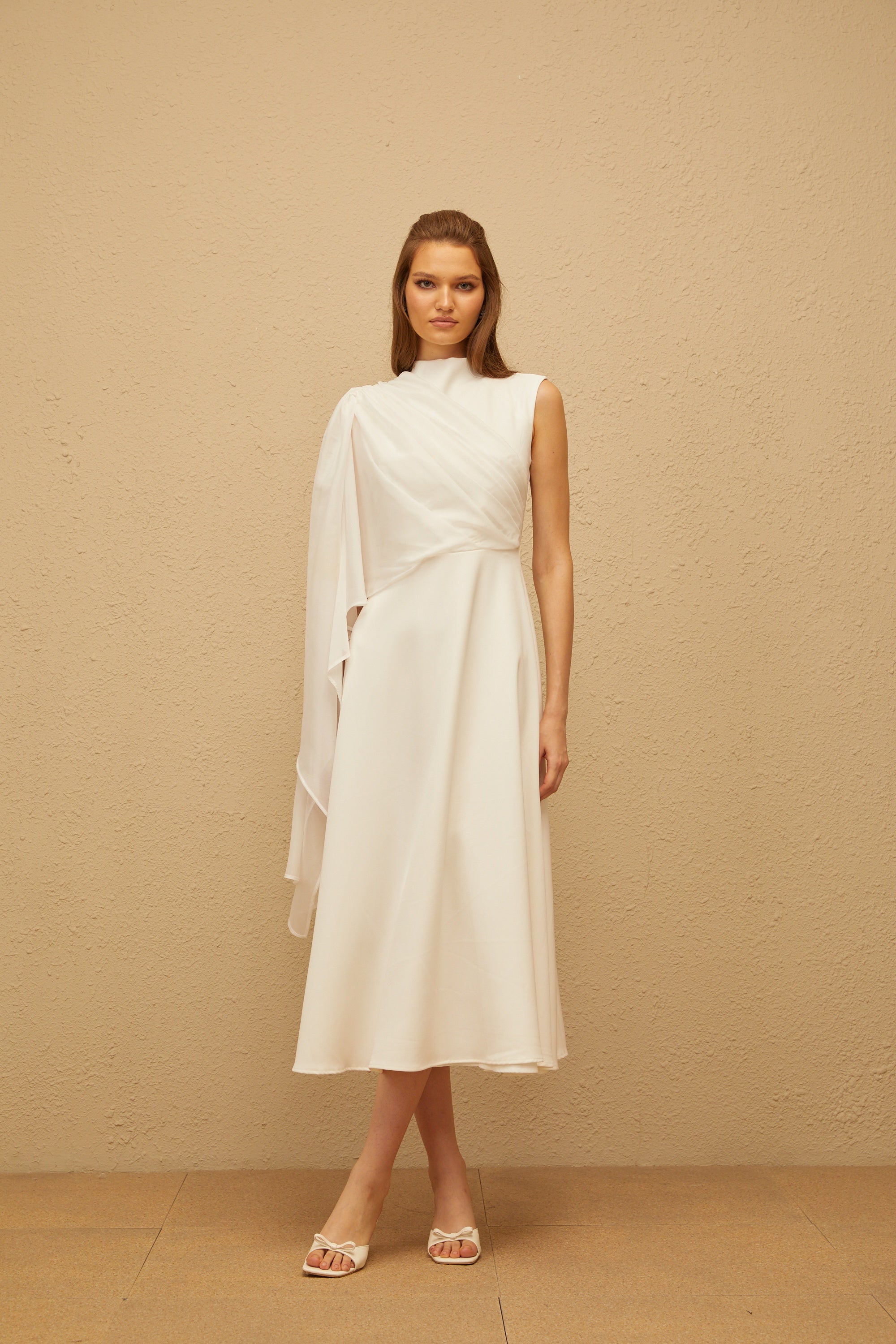 Léopoldine White Asymmetrical Shawl Midi Dress