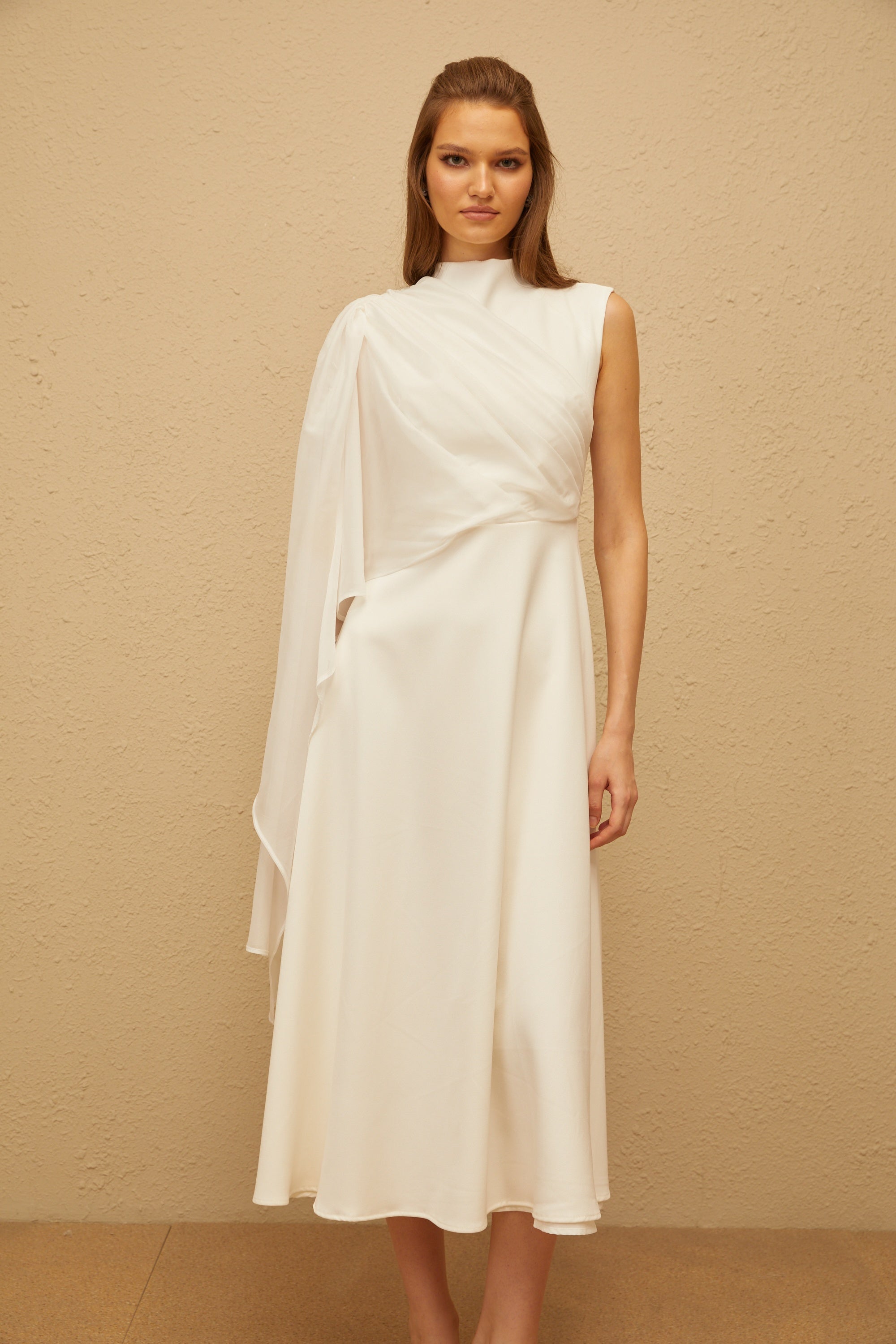 Léopoldine White Asymmetrical Shawl Midi Dress