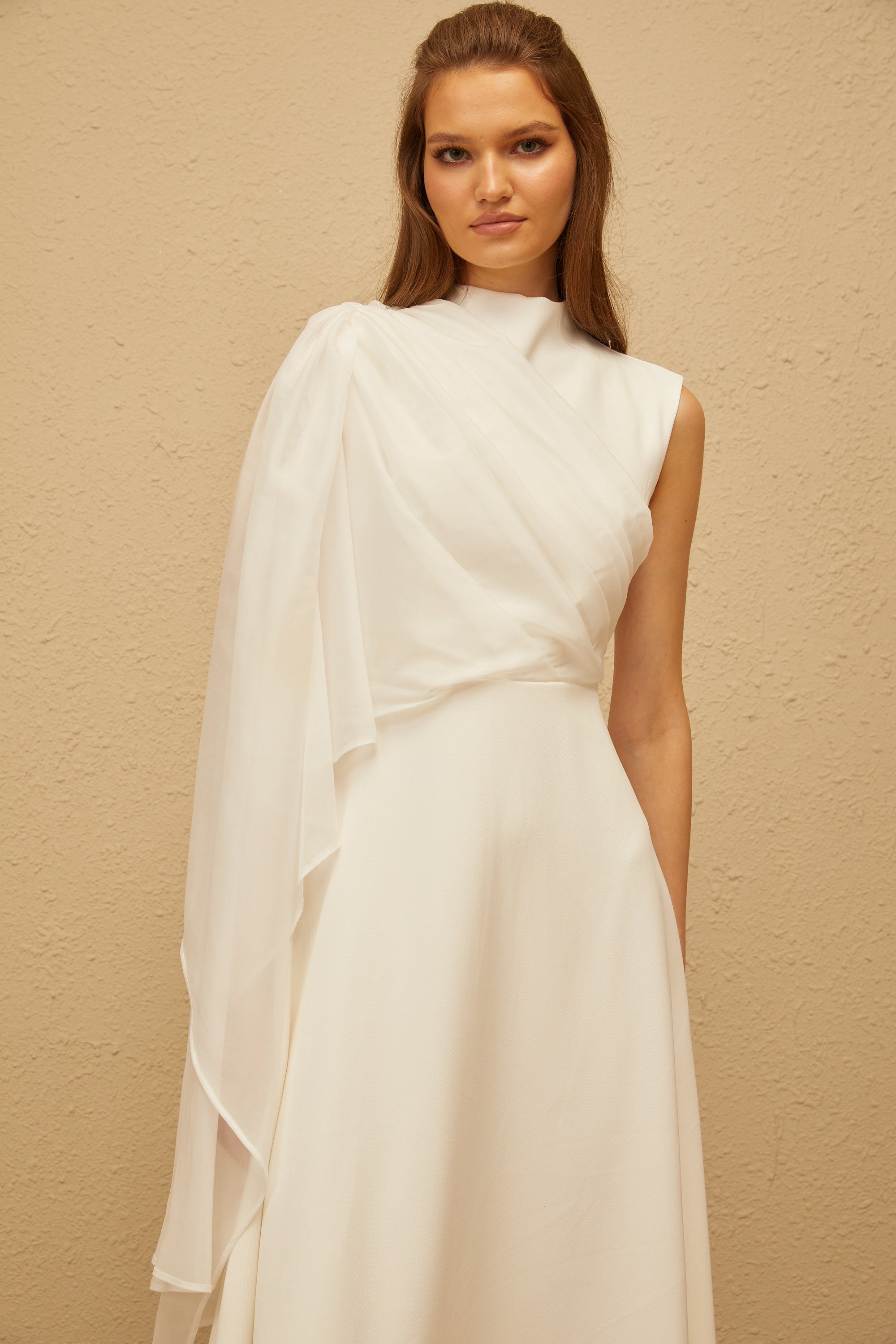 Léopoldine White Asymmetrical Shawl Midi Dress
