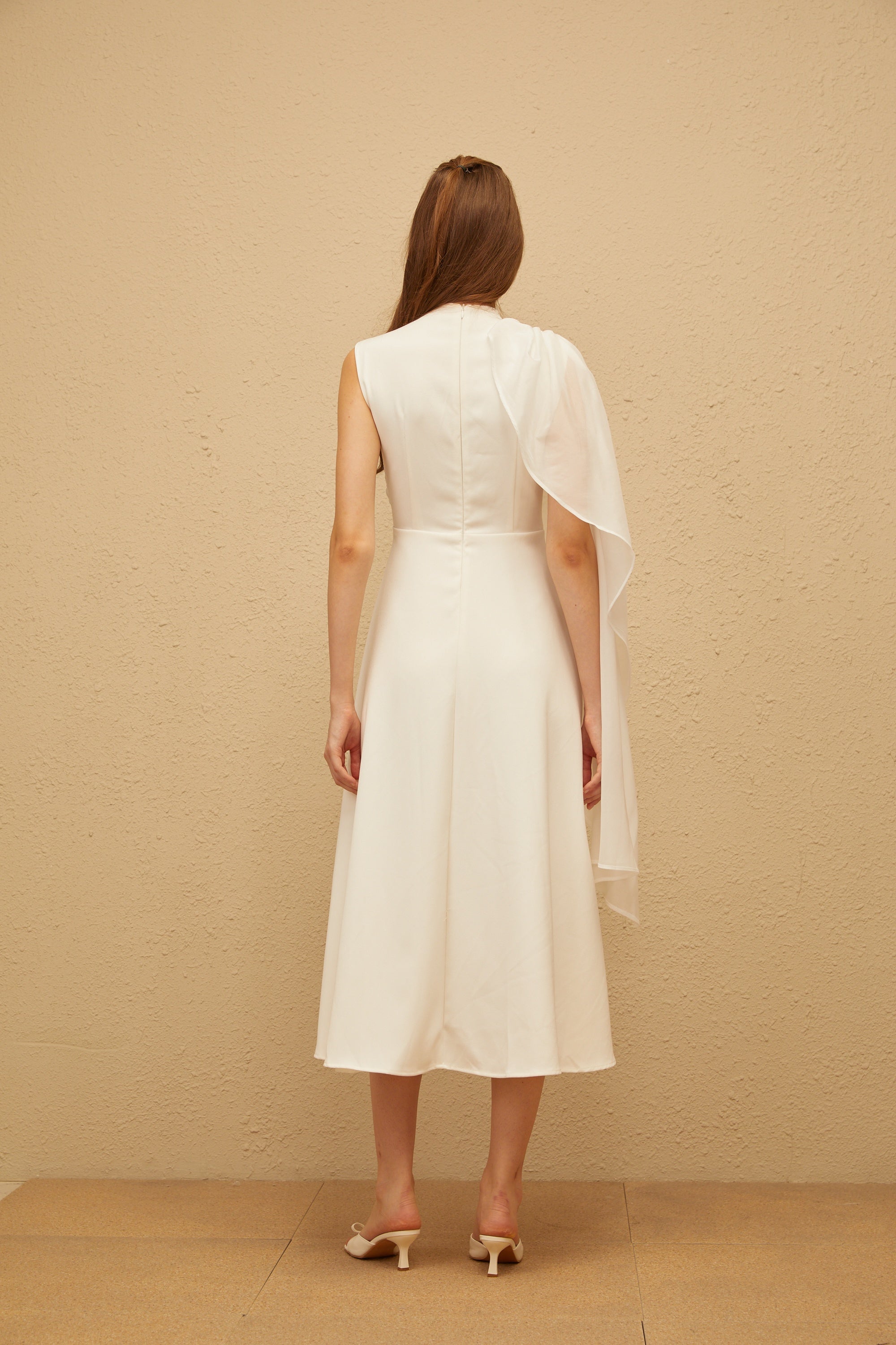 Léopoldine White Asymmetrical Shawl Midi Dress
