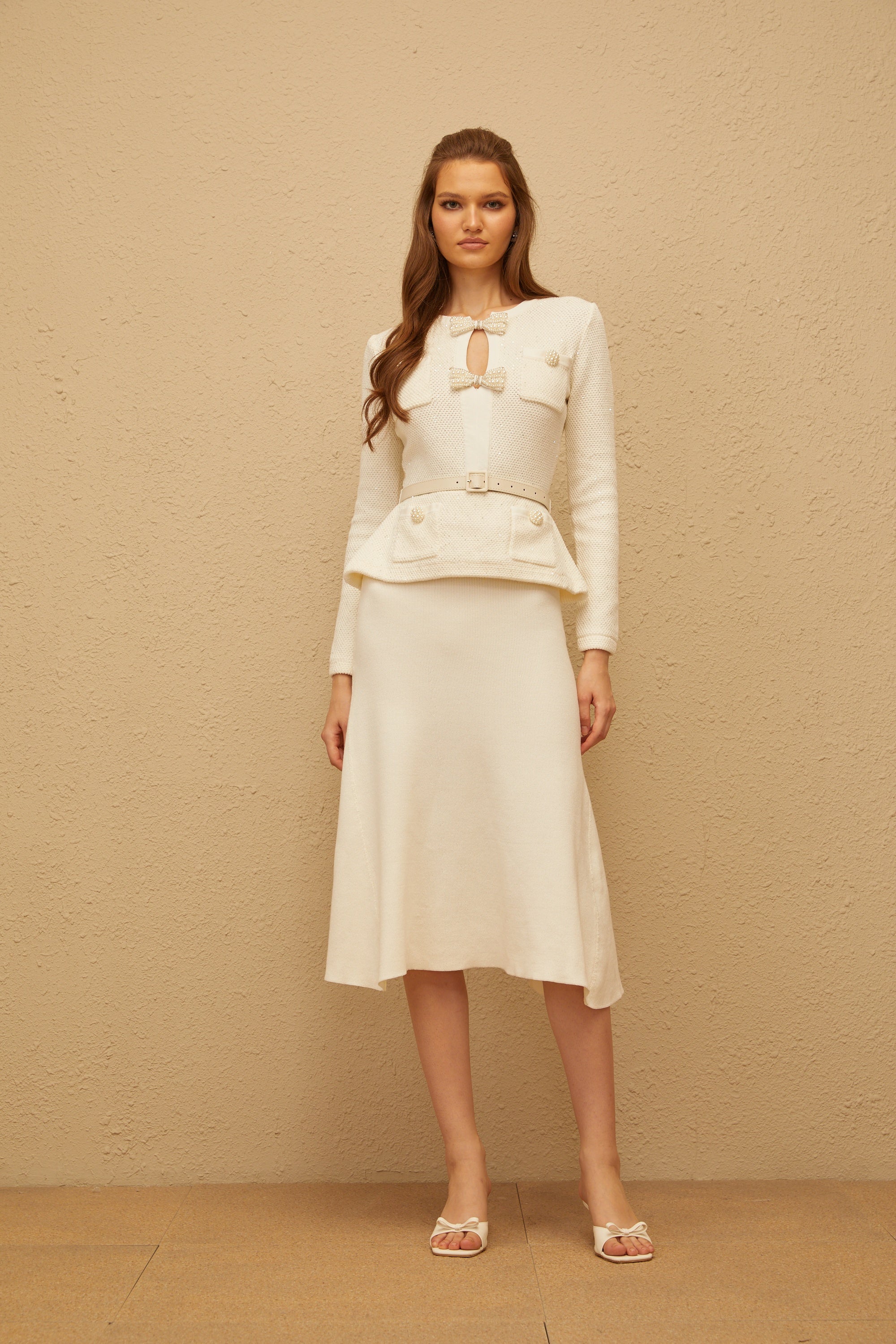 Adélade White Embellished Knit Midi Dress