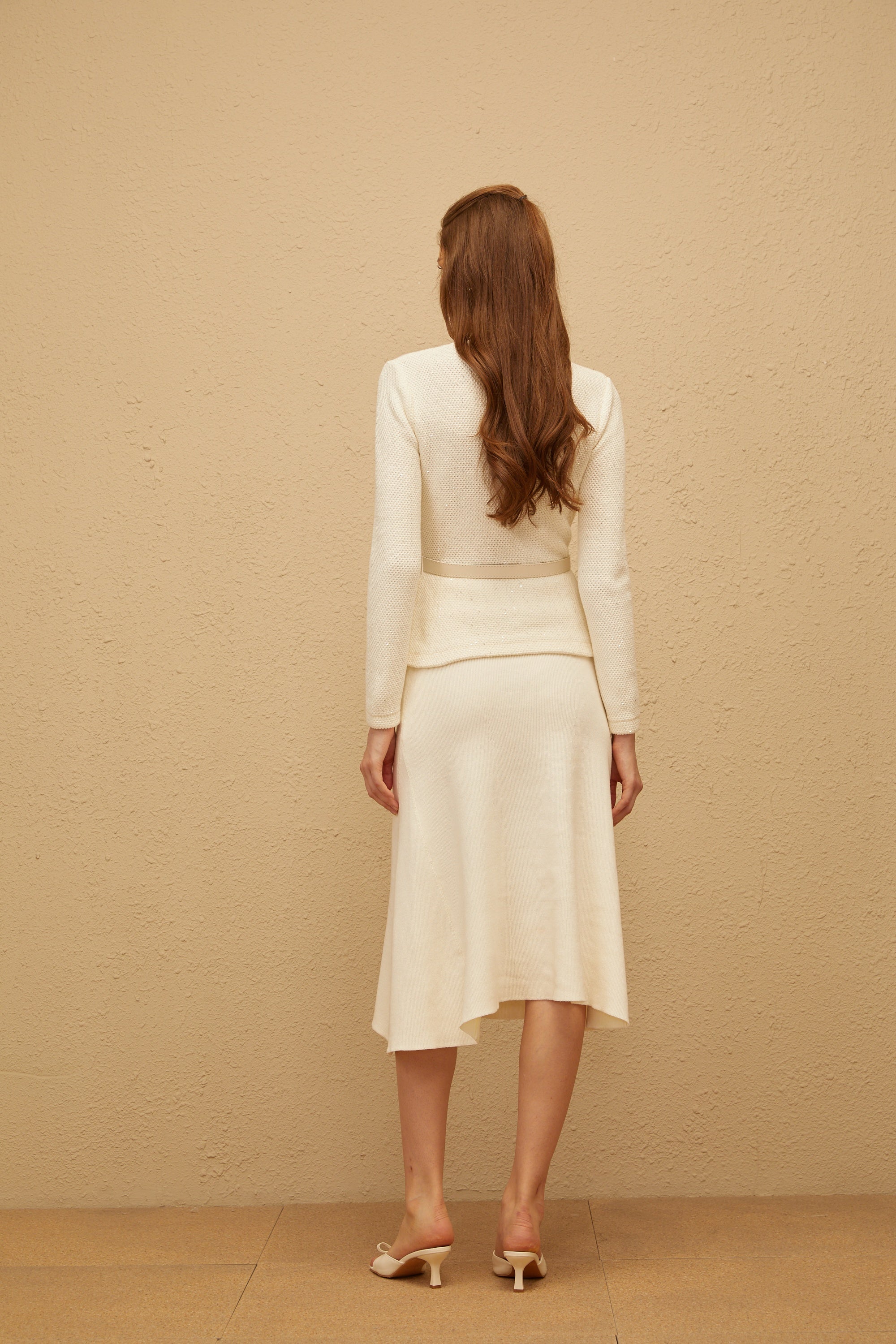 Adélade White Embellished Knit Midi Dress