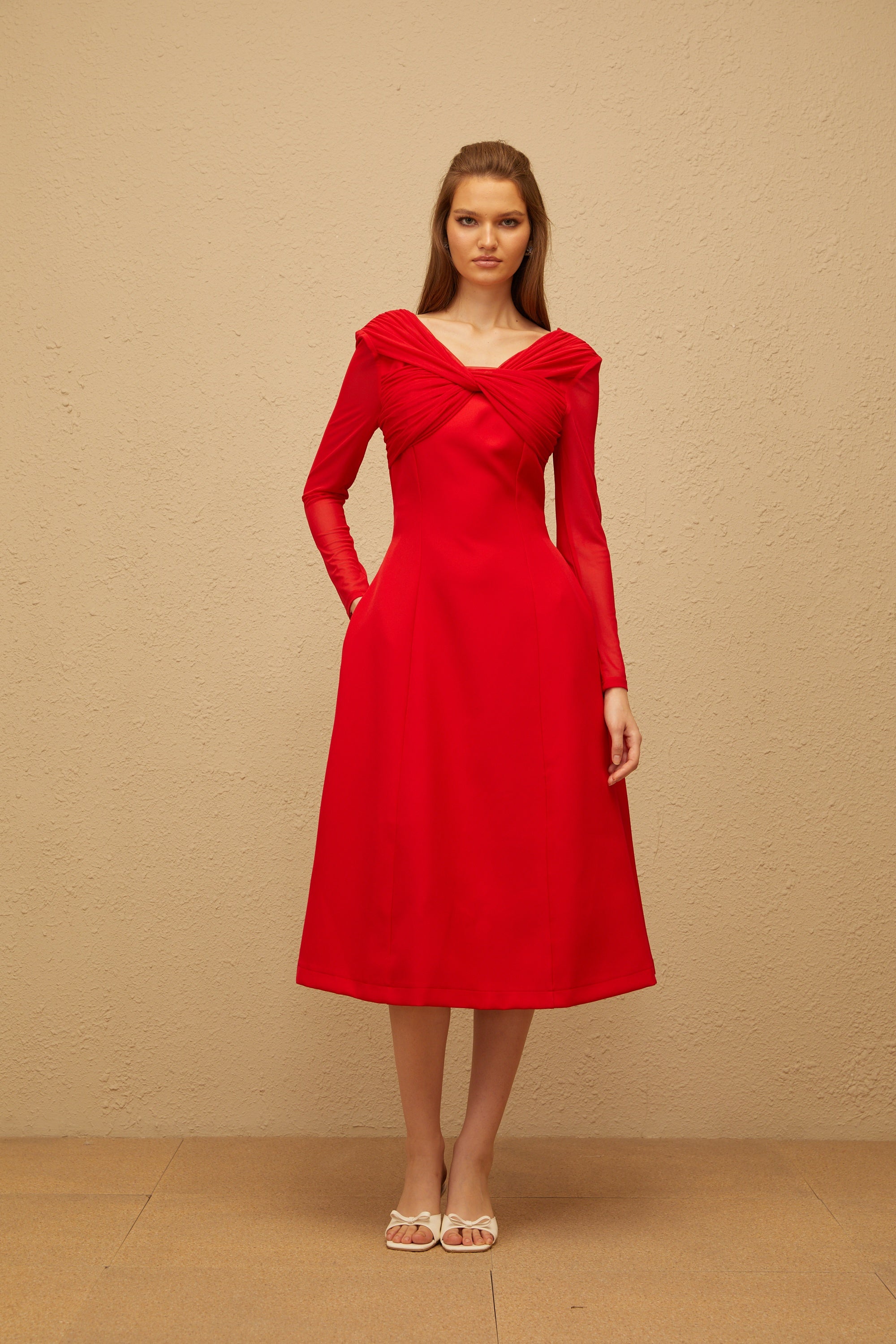 Colette Red Twisted Mesh Panel Midi Dress