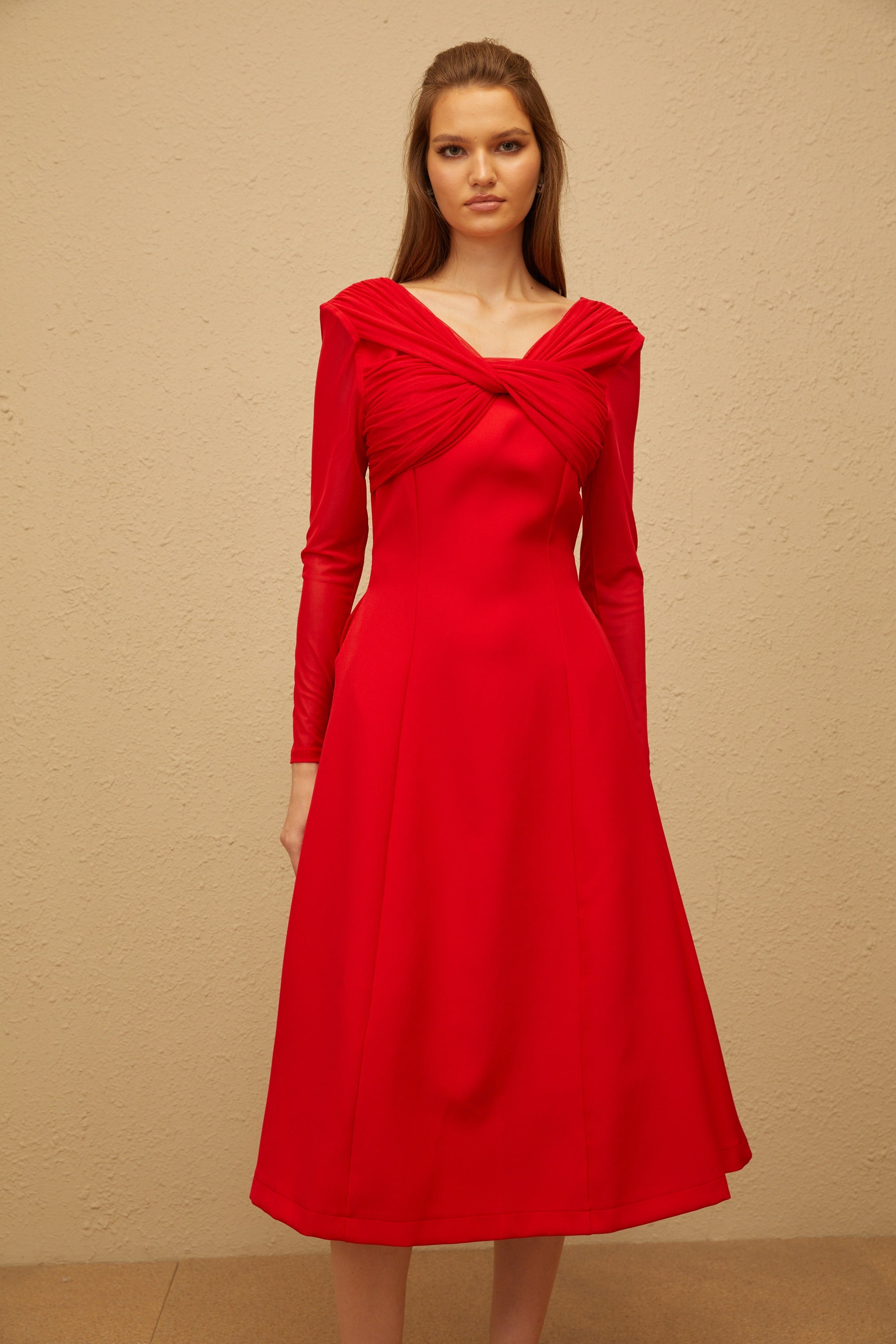 Colette Red Twisted Mesh Panel Midi Dress