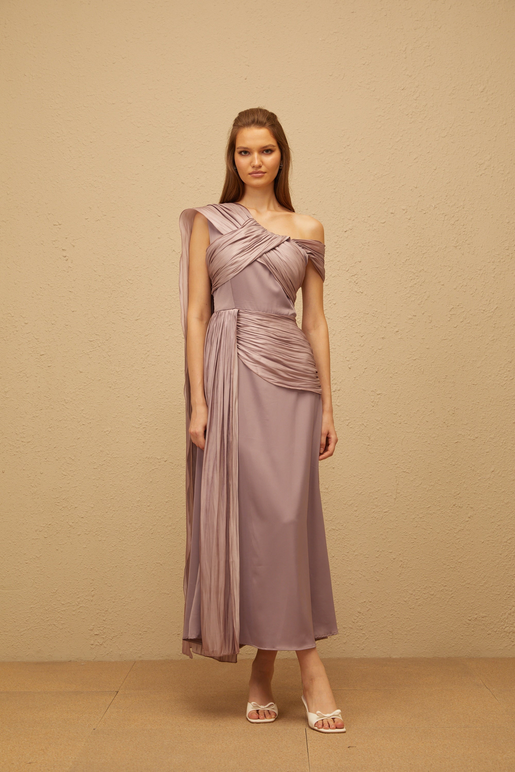Judith Purple Ruched Glossy Ribbon Maxi Dress