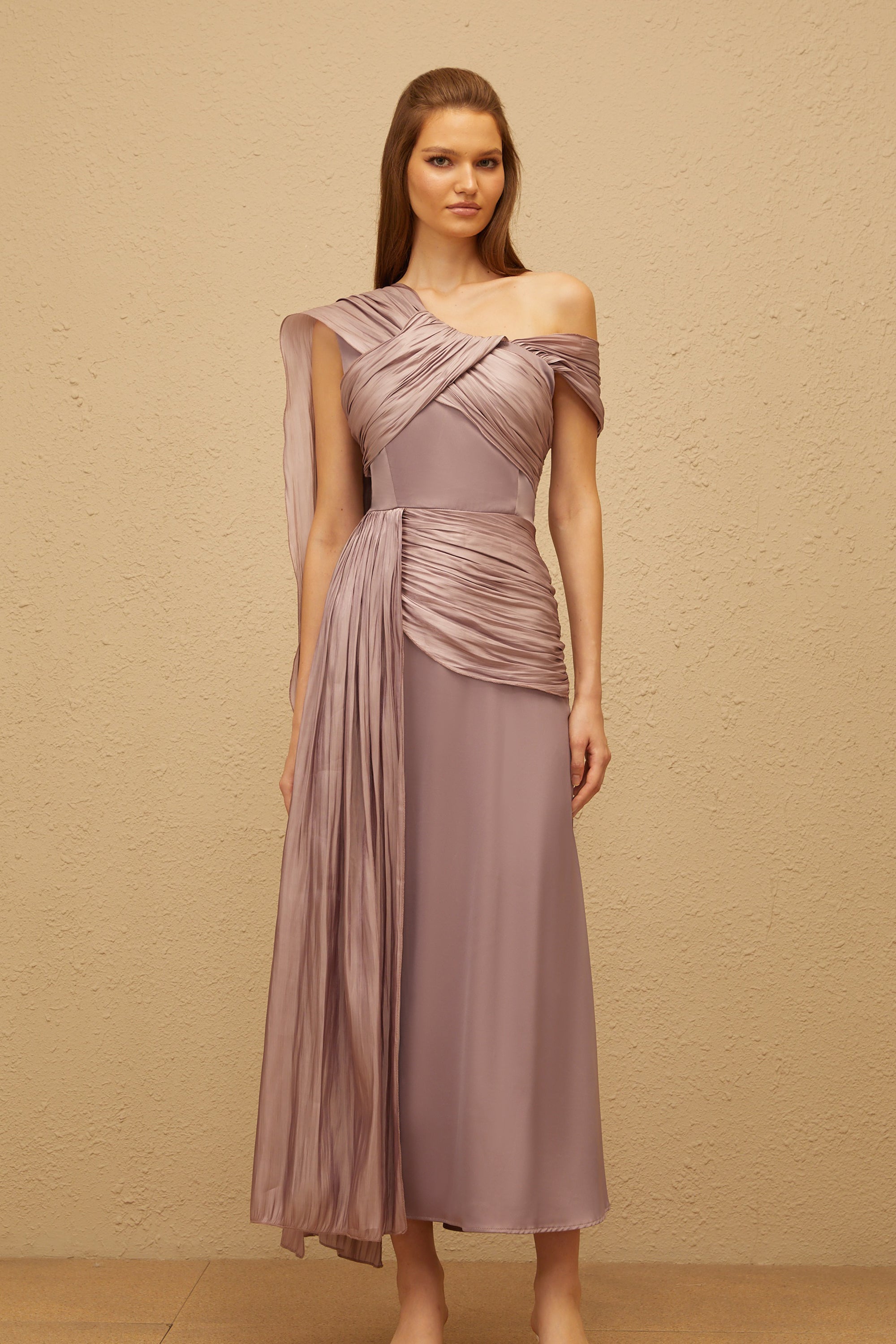 Judith Purple Ruched Glossy Ribbon Maxi Dress