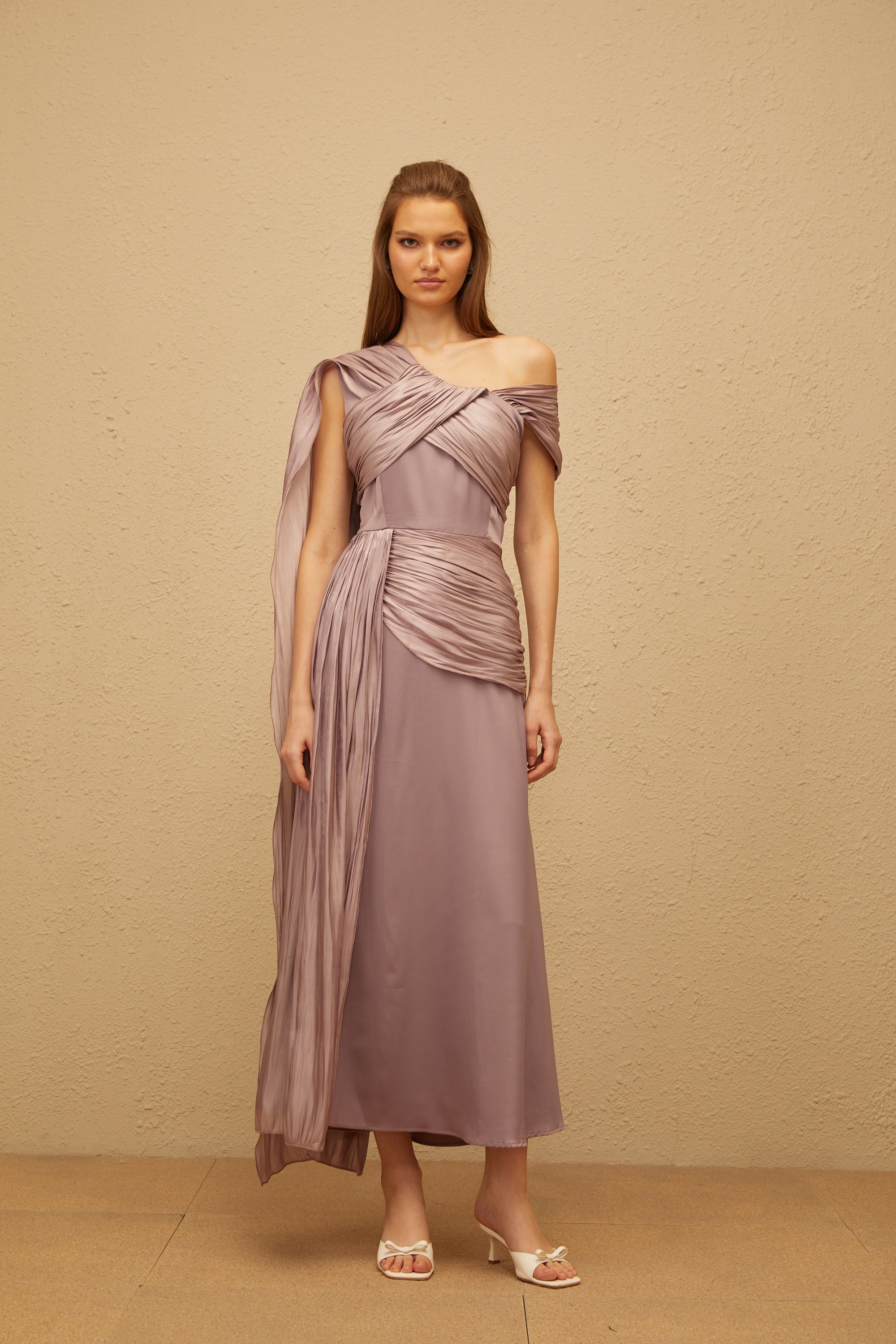 Judith Purple Ruched Glossy Ribbon Maxi Dress