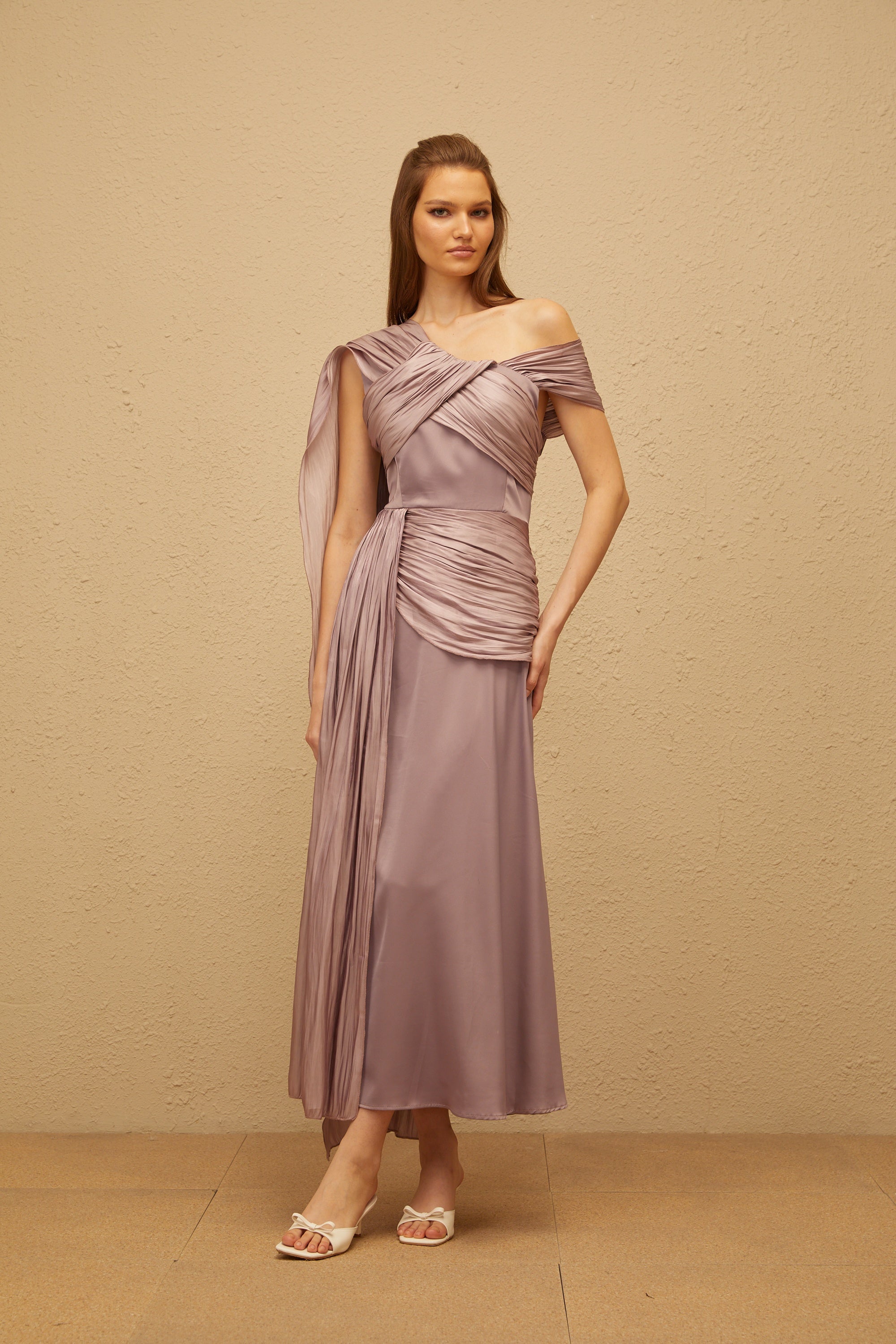 Judith Purple Ruched Glossy Ribbon Maxi Dress