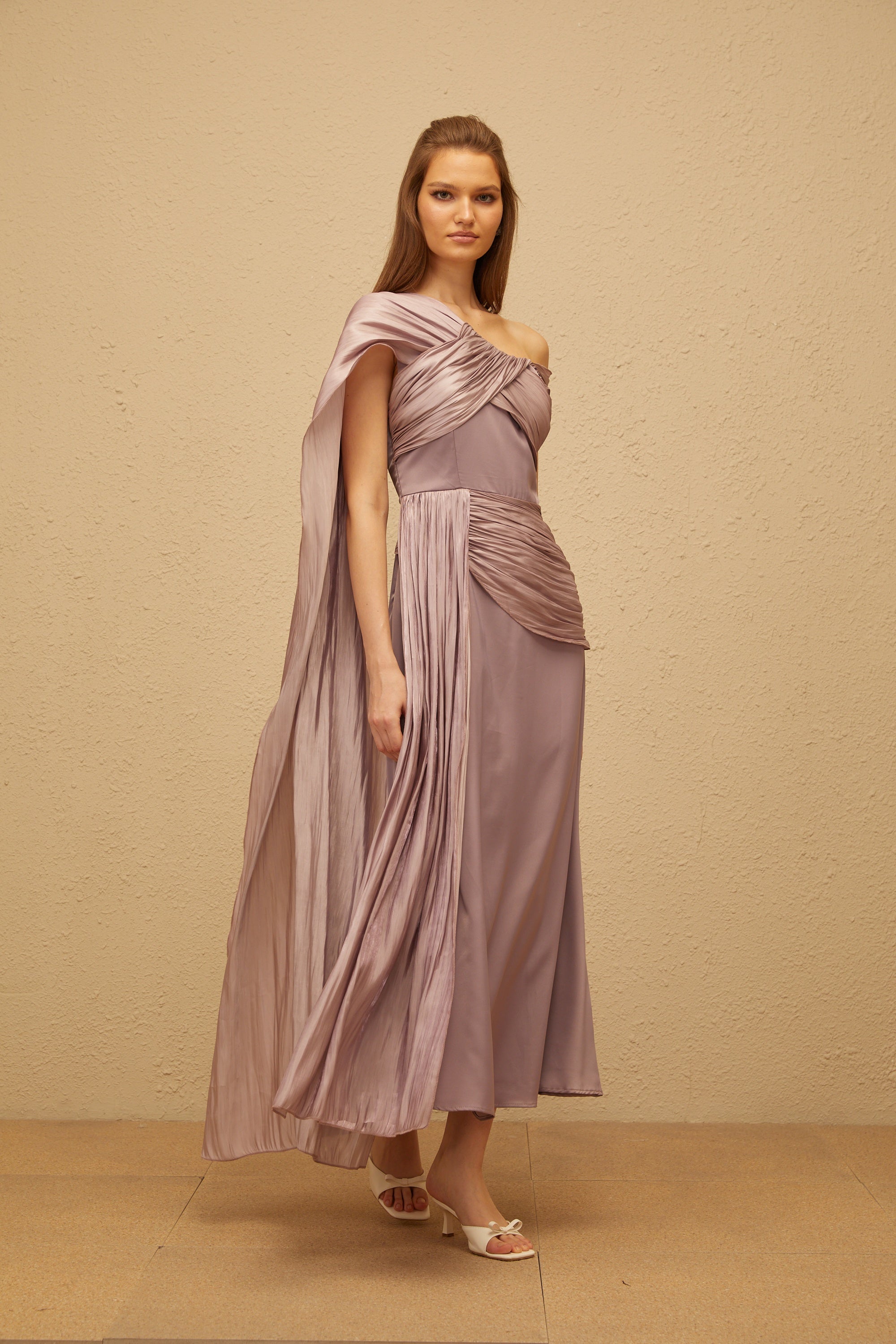 Judith Purple Ruched Glossy Ribbon Maxi Dress