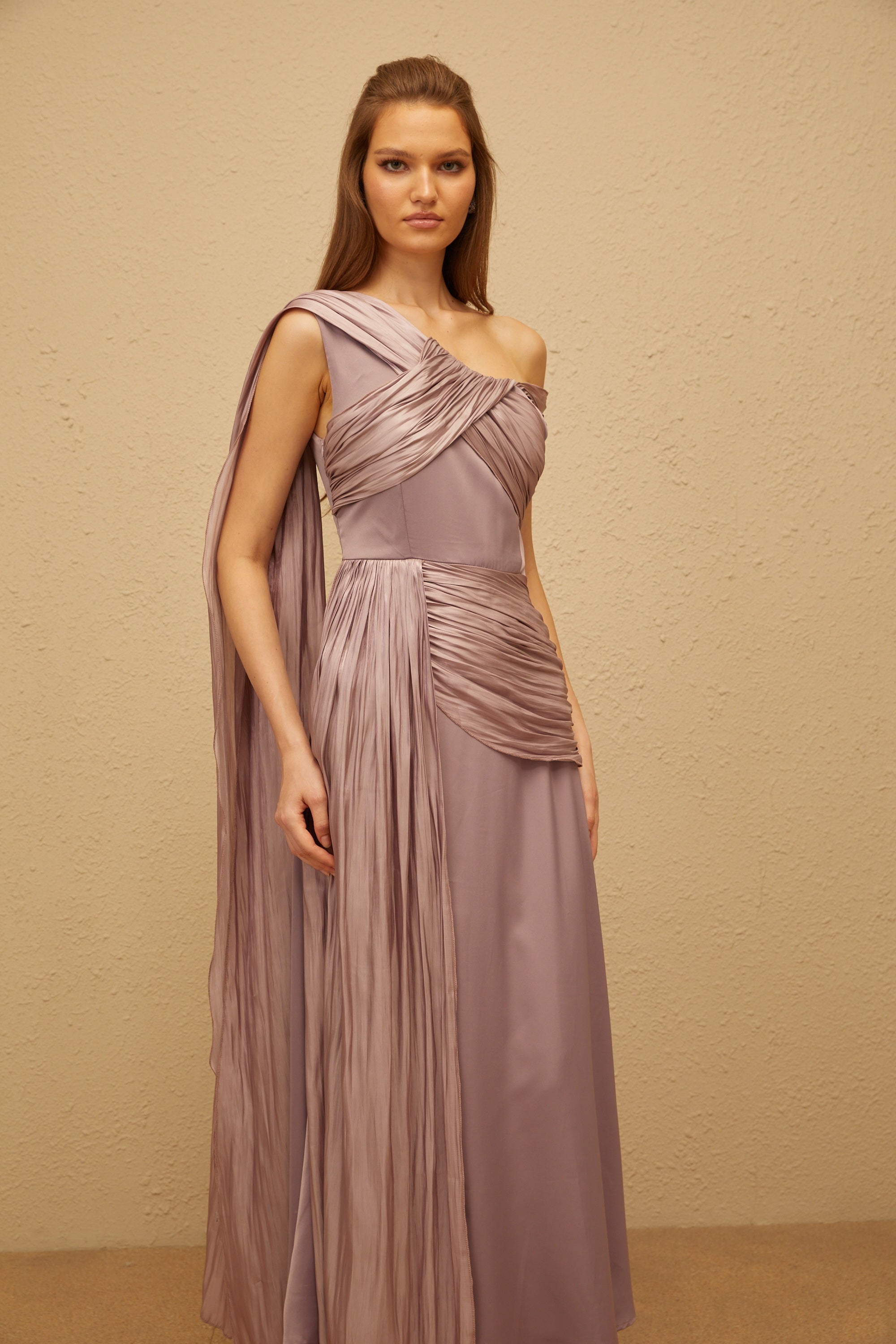 Judith Purple Ruched Glossy Ribbon Maxi Dress