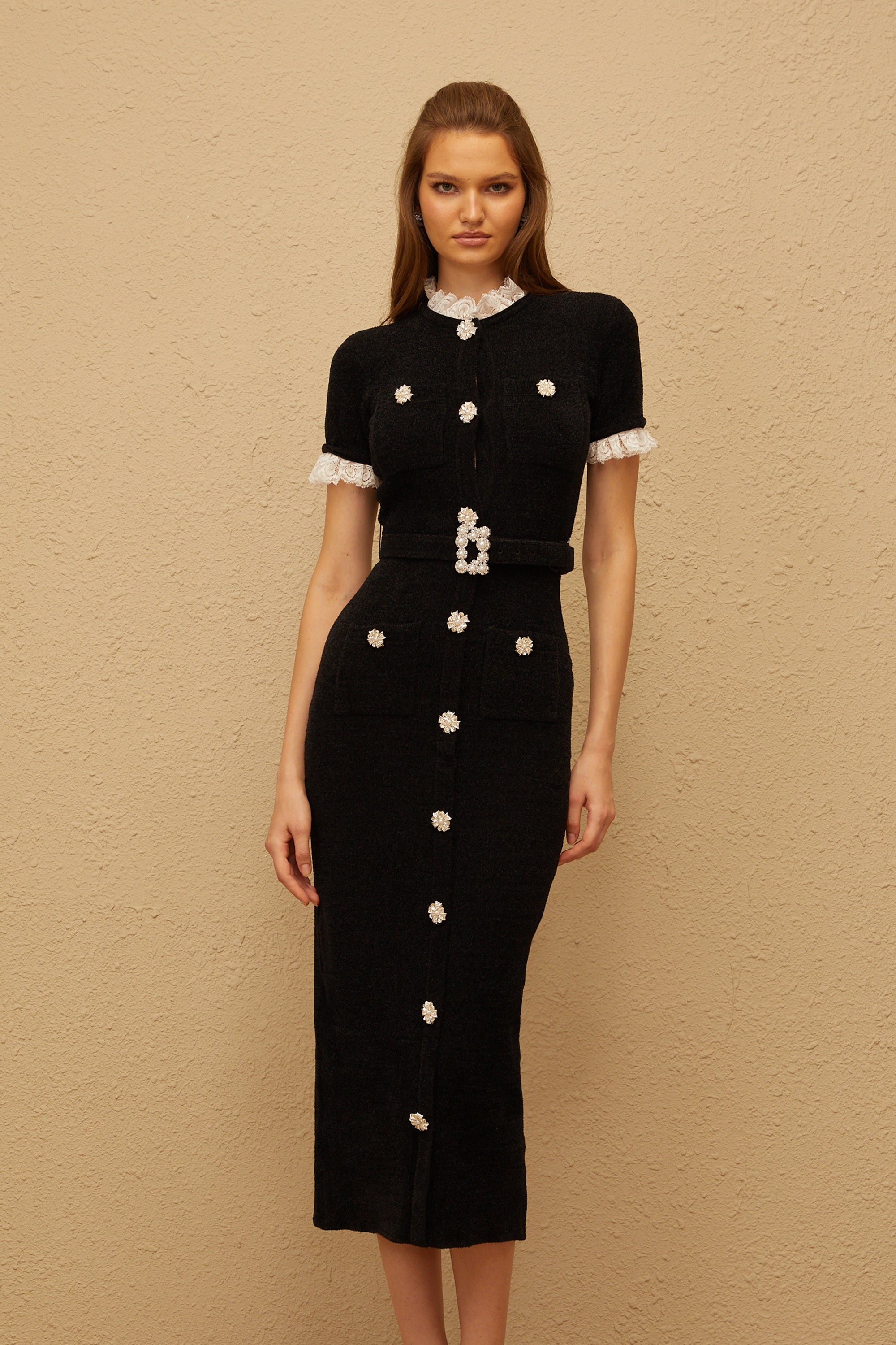 Mathilde Black Embellished Furry Knit Midi Dress