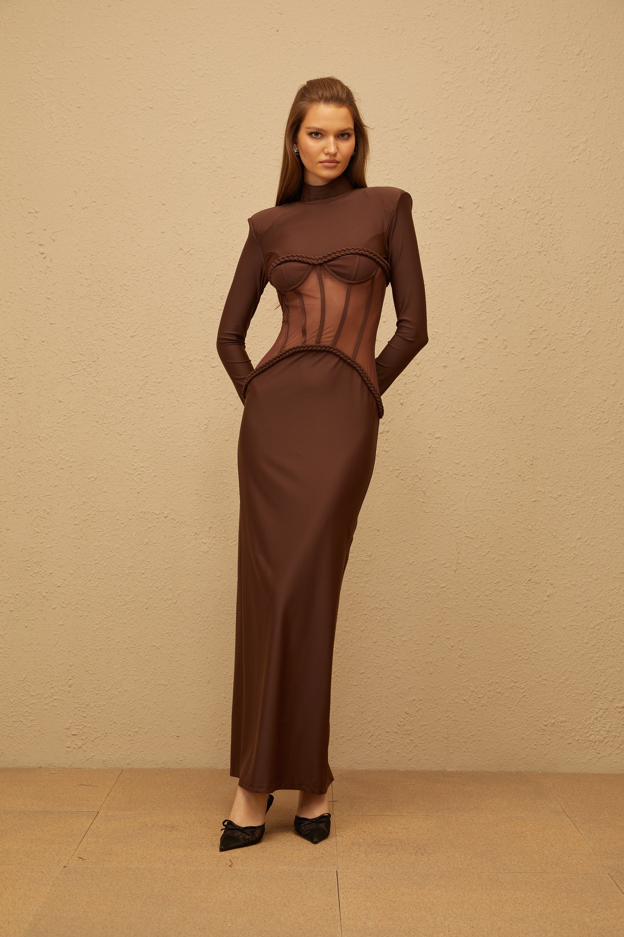 Amaryllis Brown Mesh Panel Corset Maxi Dress